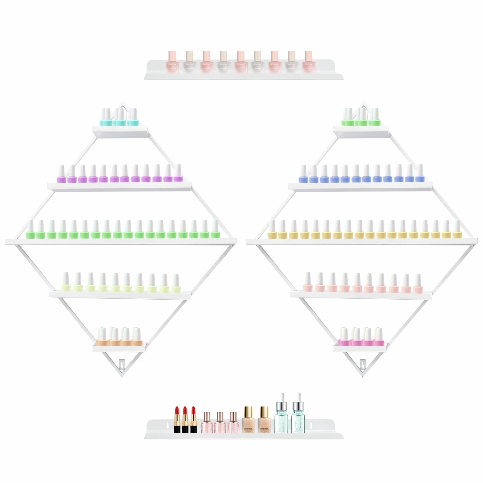Scaffale per smalti in metallo a forma di diamante, organizzatore per smalto per unghie, oli essenziali, rossetto (bianco)