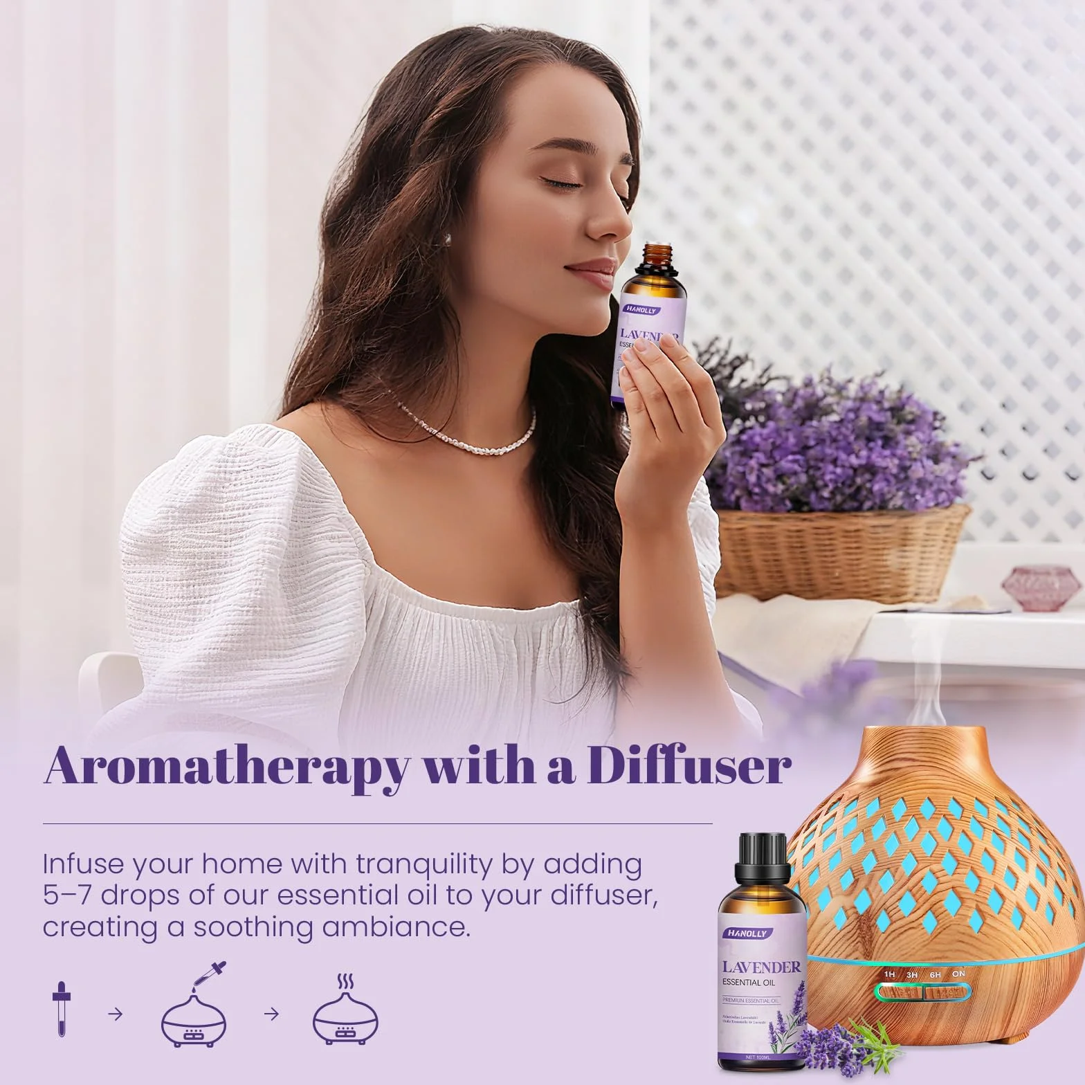 HANOLLY Olio Essenziale Lavanda 100ml per Diffusori Aromaterapia Massaggio Corpo