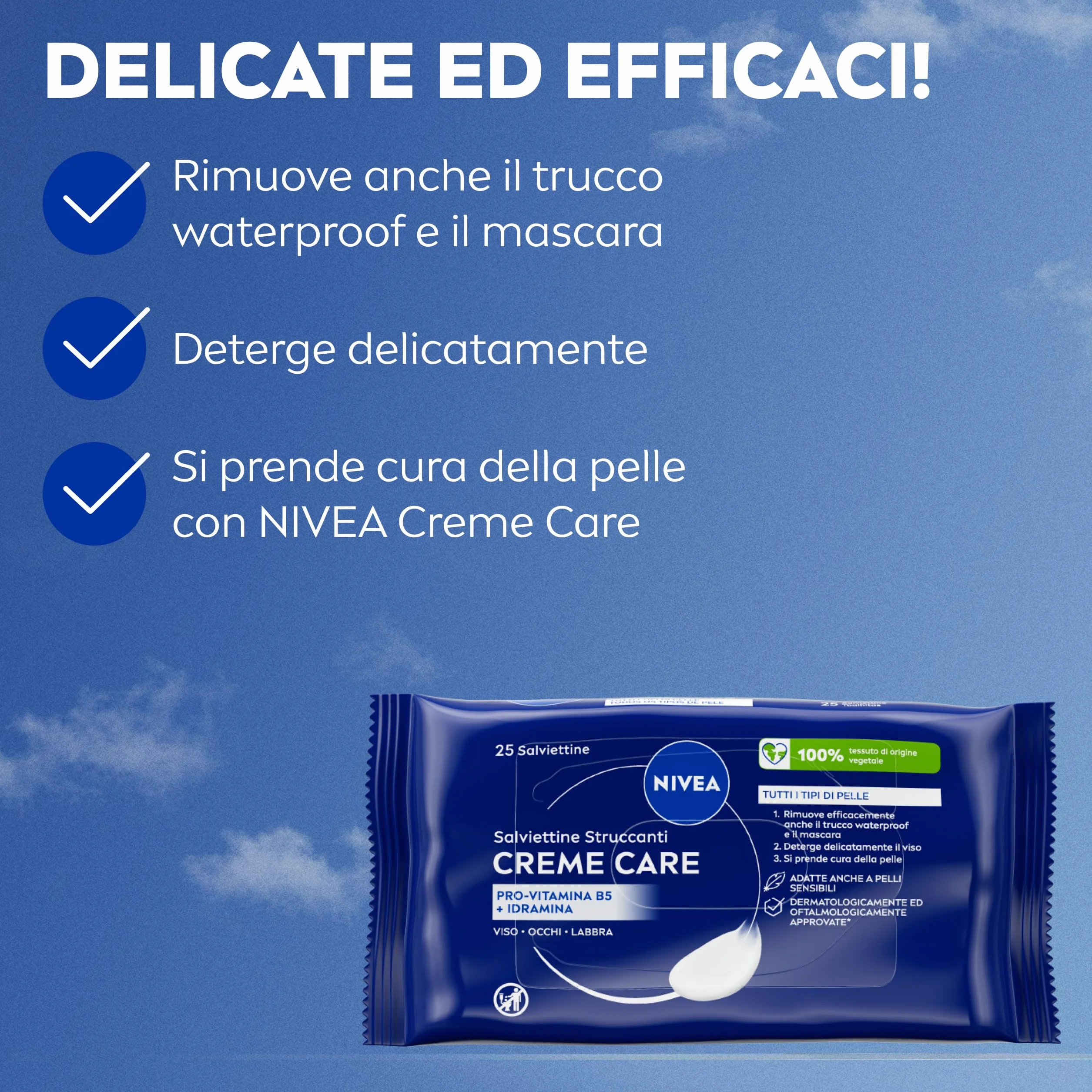NIVEA Salviettine Struccanti Creme Care 25 Pezzi, Struccante viso e occhi e labbra per trucco waterproof, Con Pro-Vitamina B5 e Idramina, Detergente viso nutriente per tutti i tipi di pelle
