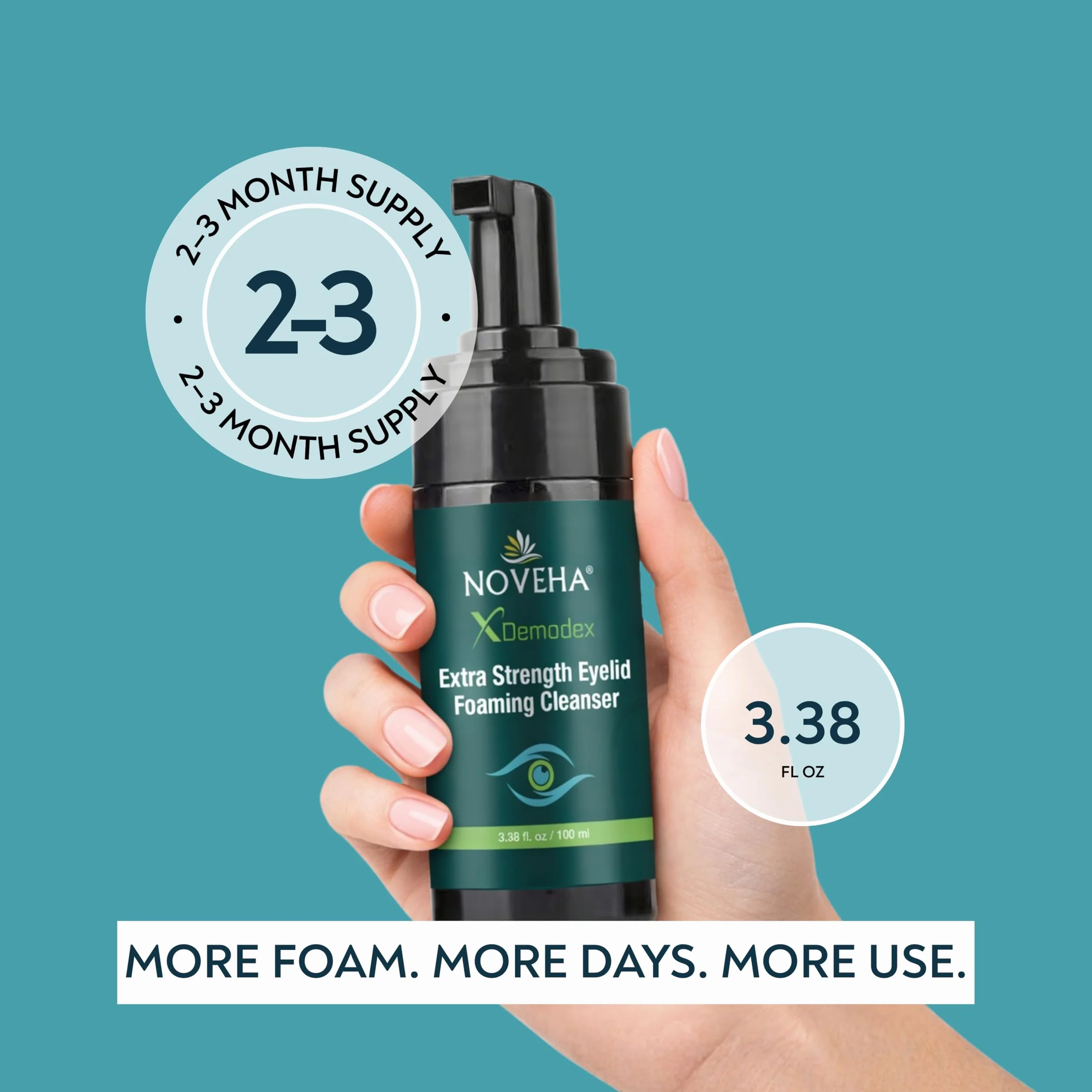 NOVEHA Demodex, schiuma detergente per palpebre, formula extra forte, olio dell'albero del tè, lavaggio quotidiano per ciglia, demodex, MGD, occhi di porcile, irritazioni degli occhi e secchezza della