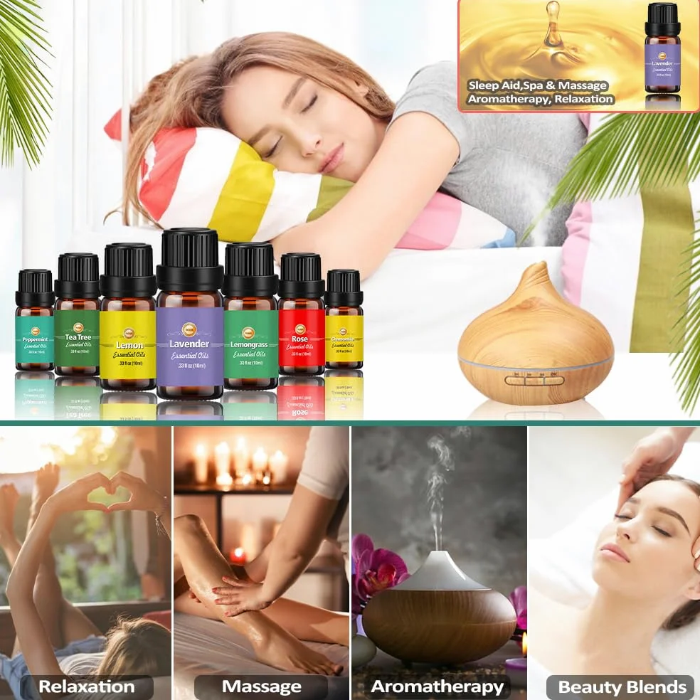Oli Essenziali per Diffusori, Set di olio essenziale 18 x 10 ml, Essenze Naturali,Tea Tree Lavanda Rosmarino Eucalipto Ylang-ylang Incenso Citronella Arancia Menta Limone Bergamotto