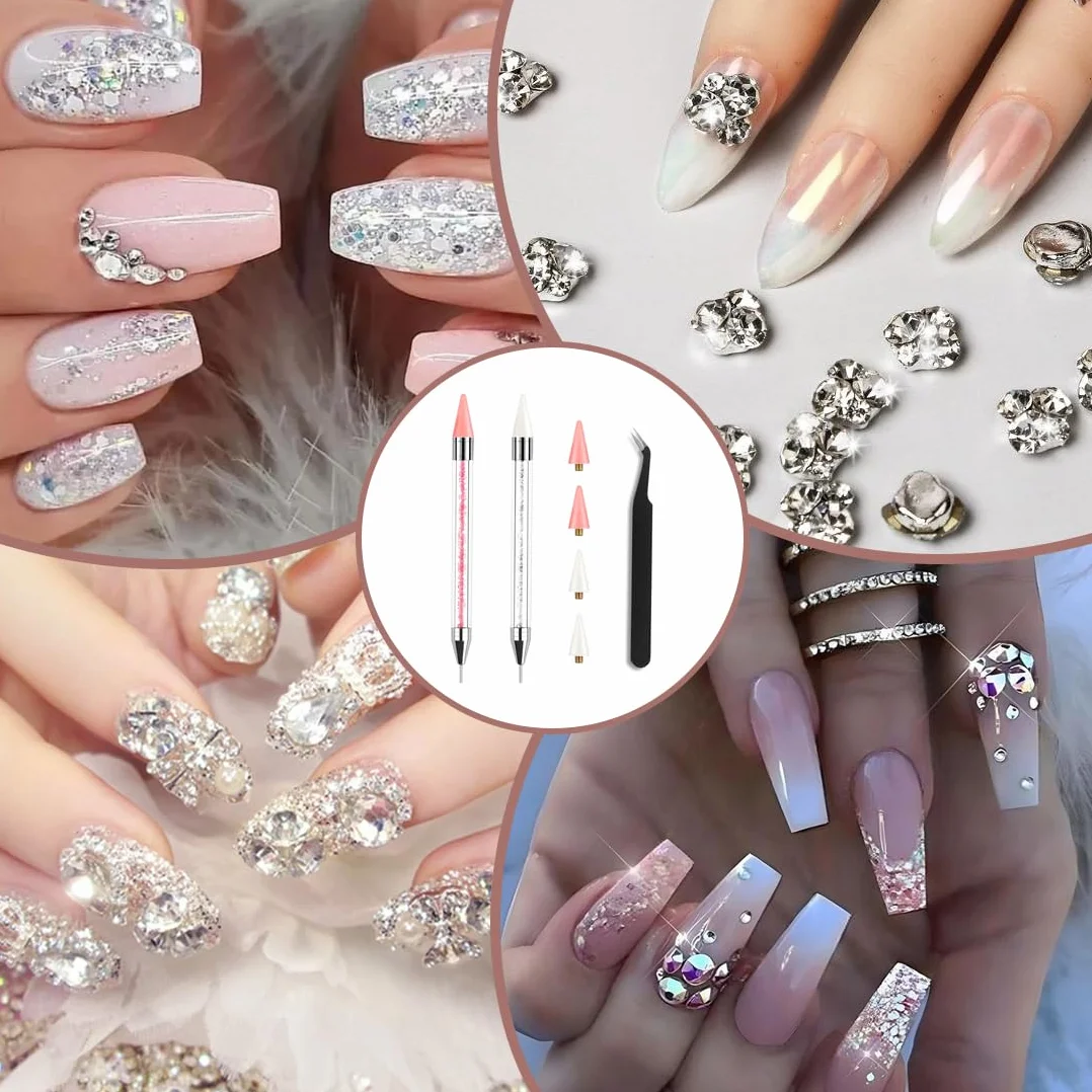 2 Set Penna di Cera per Strass Unghie con Punte di Ricambio e Pinzetta, Penna per Nail Art di Precisione, Brillantini Unghie, Strass Nail Pen per Decorazioni Unghie e DIY