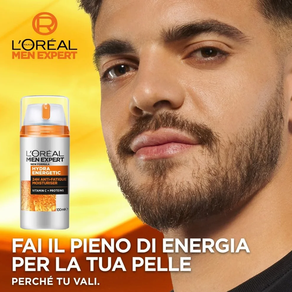 L'Oréal Paris Men Expert Crema Idratante Anti-Fatica Uomo, Pelle Rivitalizzata, Levigata e Idratata, Occhiaie e Rughe Sottili Ridotte, Arricchita con Proteine e Vitamina C, Hydra Energetic, 100 ml