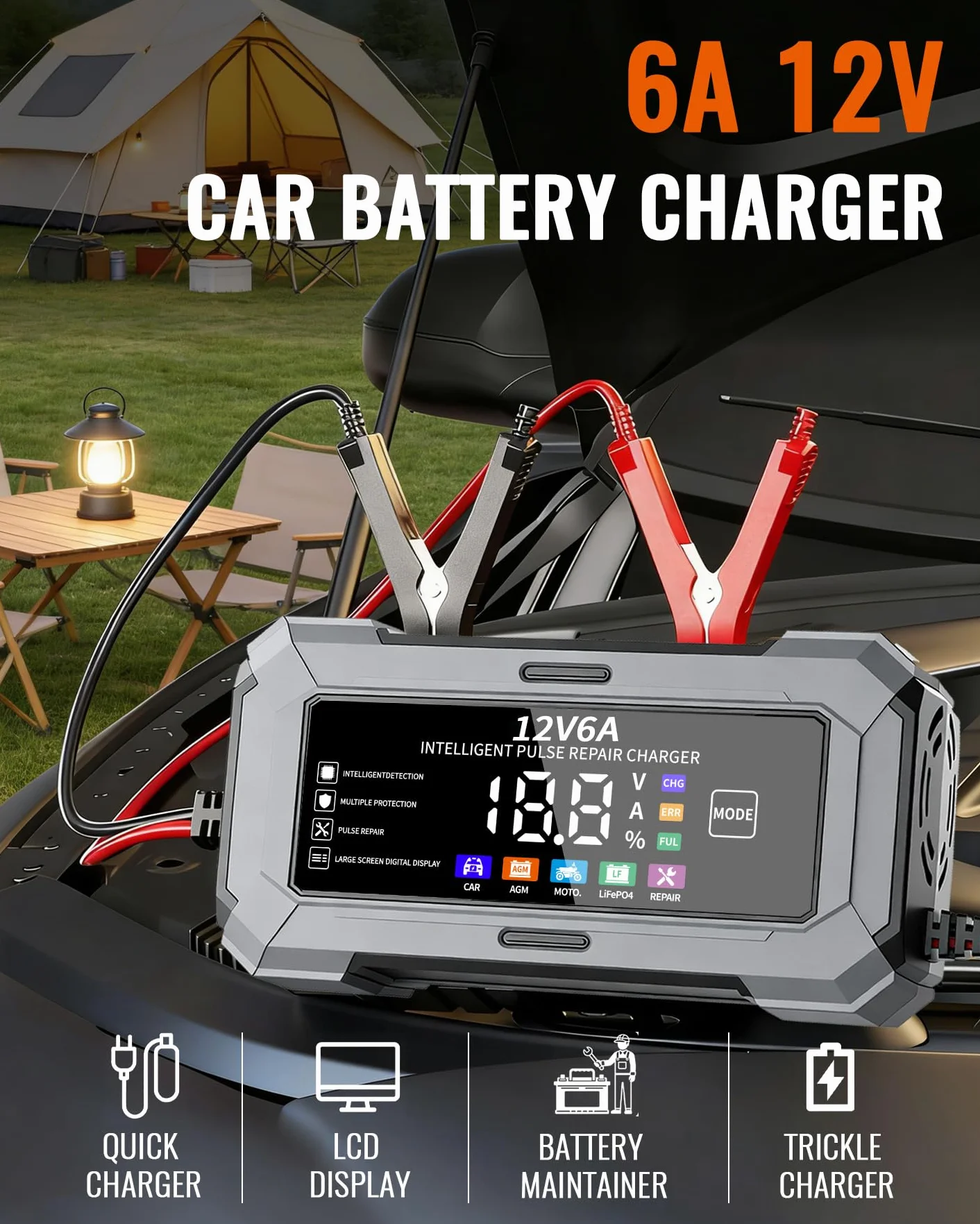 TANYO Caricabatterie Intelligente 12V 6A con Display LCD per Auto Moto AGM LiFePO4
