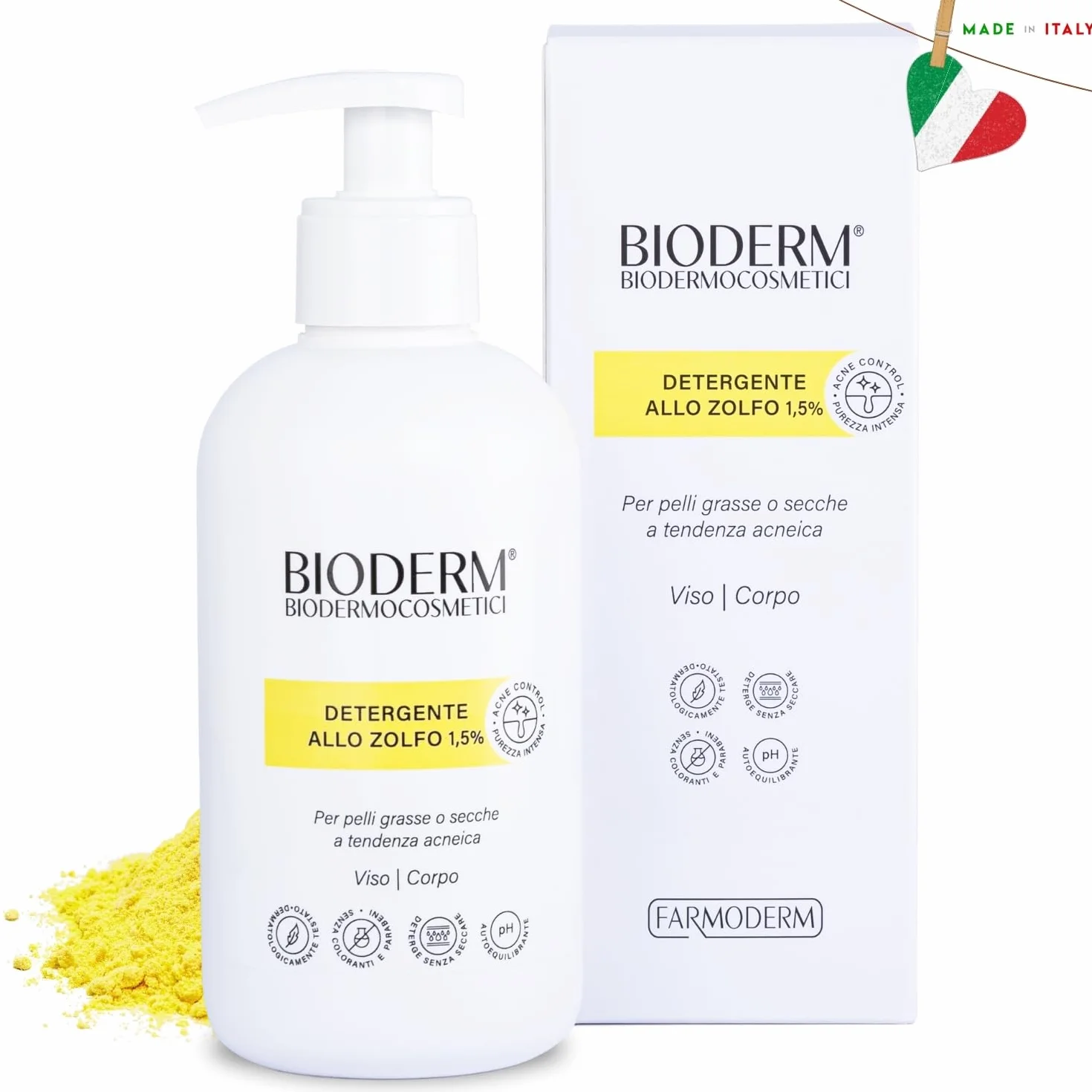Bioderm S Detergente allo Zolfo 1,5% – Detergente Viso e Corpo per Pelle Grassa e Impura, Acne e Punti Neri – Azione Purificante e Sebo-Normalizzante – 300 ml con Erogatore
