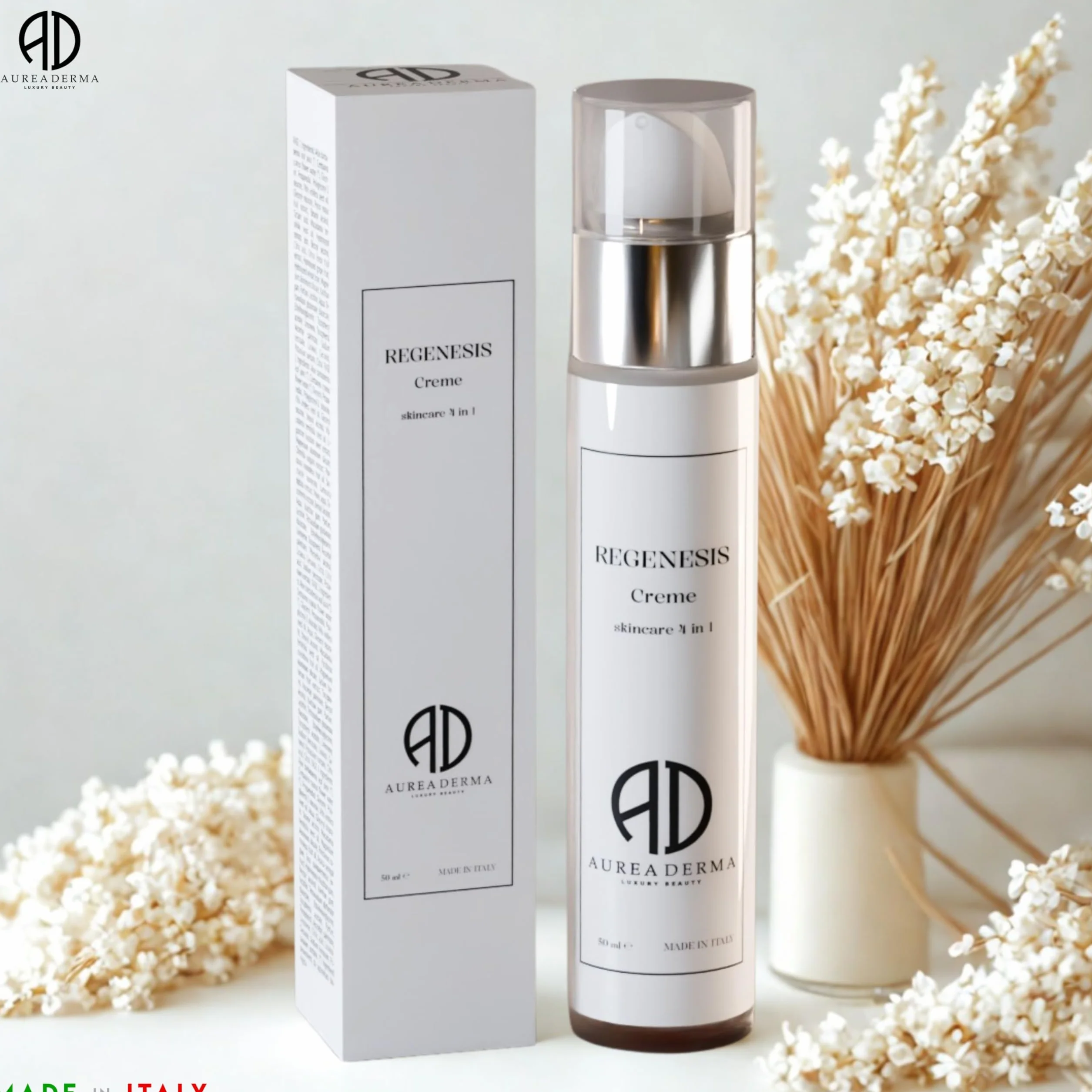 Crema viso antirughe 4 fasi in 1 con Collagene Vegetale, Alghe, AHA Naturali e Oxygen Complex – Trattamento Lifting e Illuminante – REGENESIS By AUREA DERMA – 50 ml