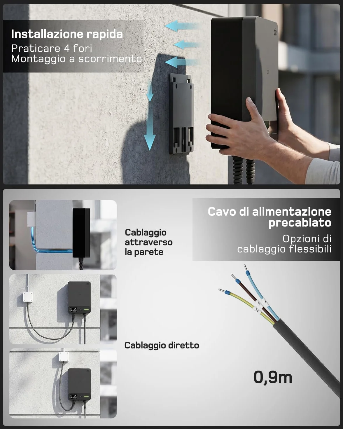 Wallbox 7,4 kW Tipo 2 con App, Cavo 7,5m, RFID, Monofase 6-32A 230V, 7kW, IP54, Nero