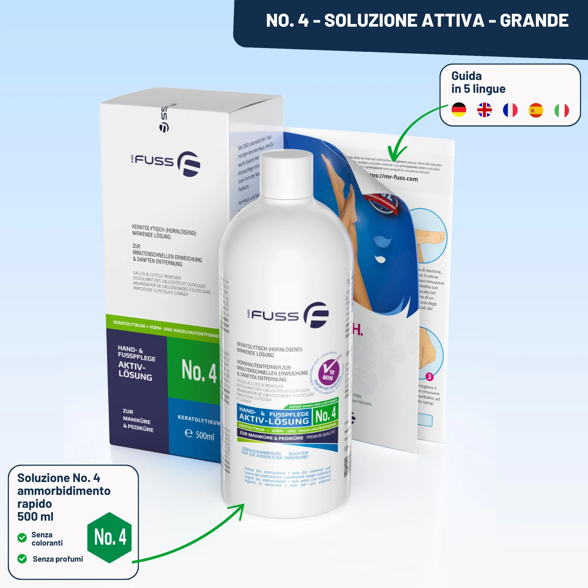 Mr. Fuss Levacalli soluzione attiva n° 4 500 ml calli piedi rimozione pedicure cheratolitico piedi