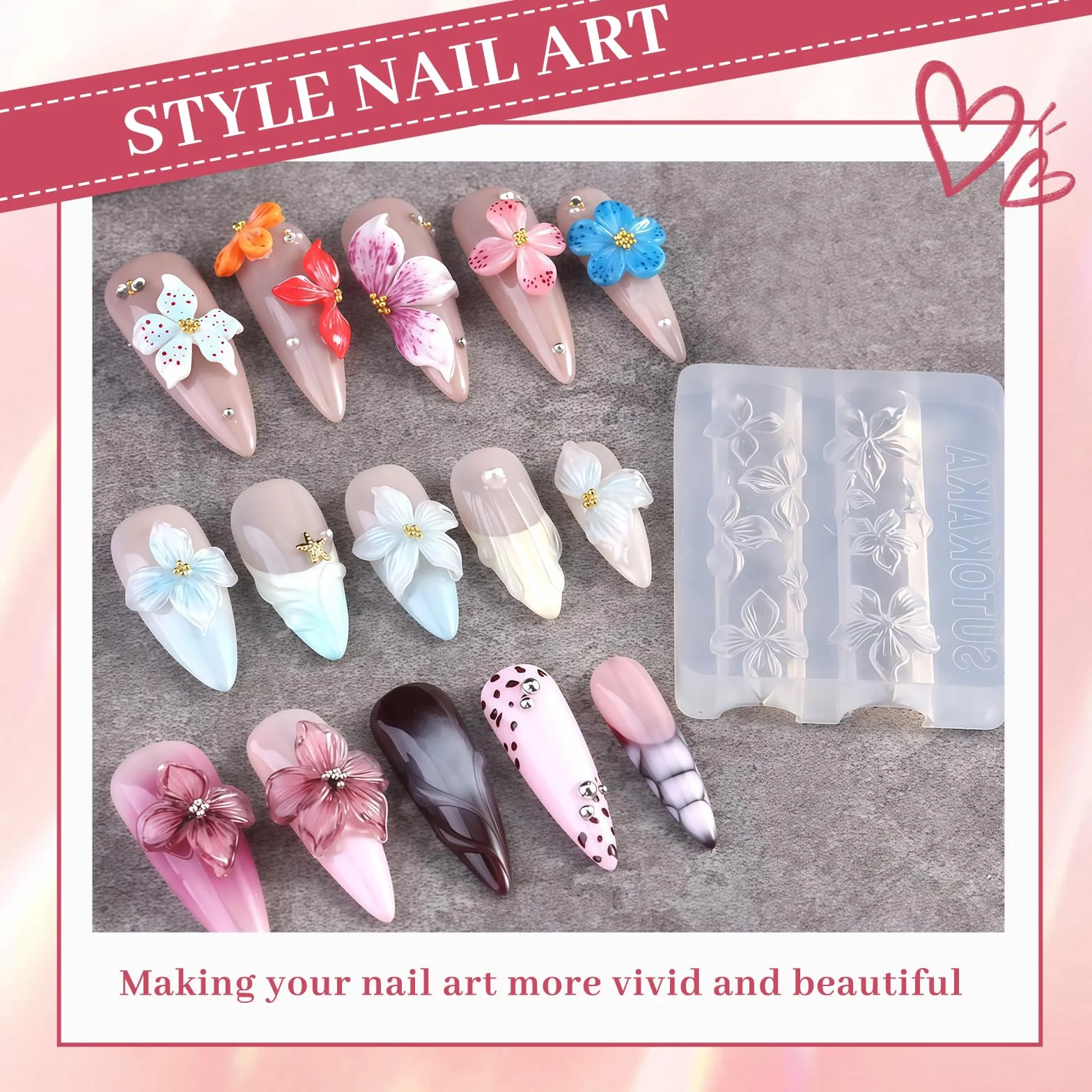 Nails Mold, Stampo per Unghie per Nail Art con Forma in Silicone a Fiori, 3D Gel Nail Art Stampo per Accessori DIY Manicure