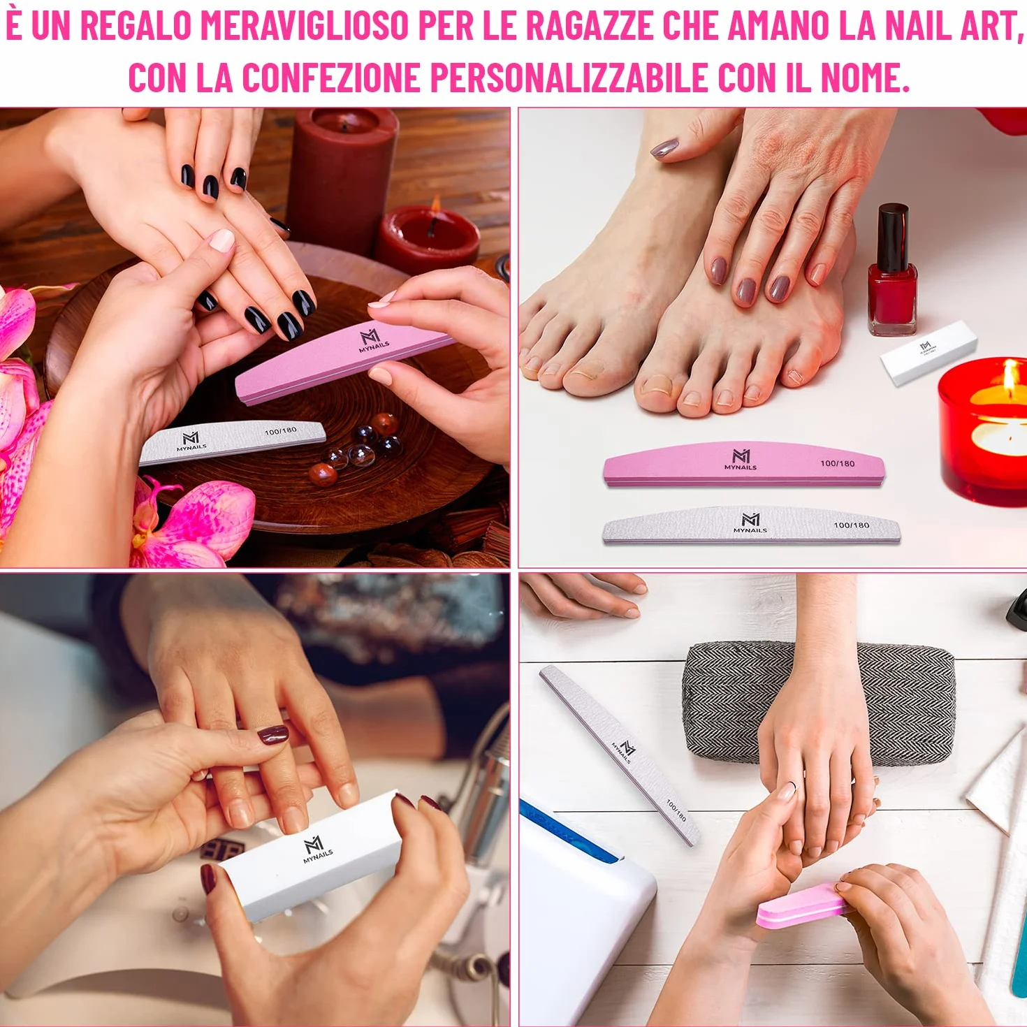 MYNAILS - Lima professionale per unghie, set di 5, 2 lime per unghie mezza luna 100/180, 2 buffer unghie bianche 180/180 e 1 lime per unghie Buffer mezzaluna rosa e bianco 100/180, confezione