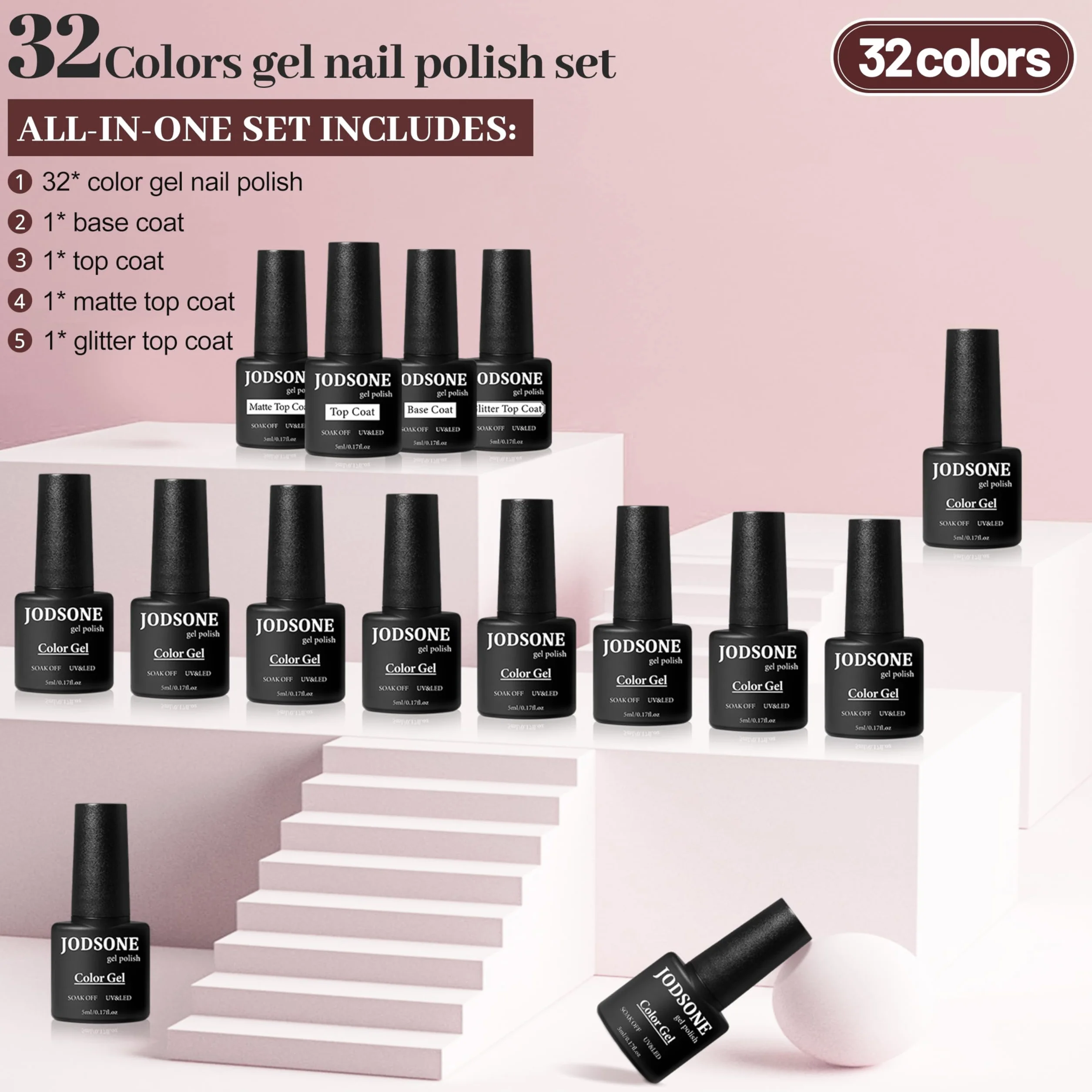 JODSONE 36 pezzi Set Smalto Gel - Kit Unghie con 32 Colori Base e Top coat opaco
