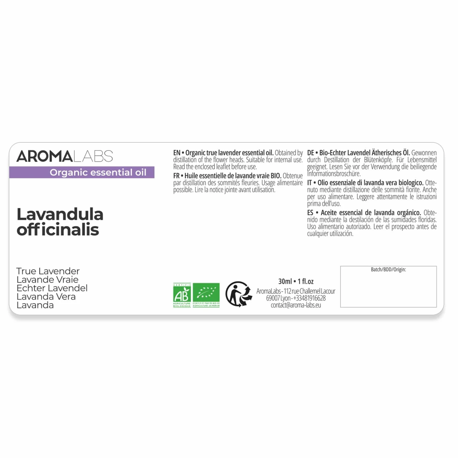 Aroma Labs Olio Essenziale Lavanda Vera BIO 30 mL Chemiotipizzato Certificato AB
