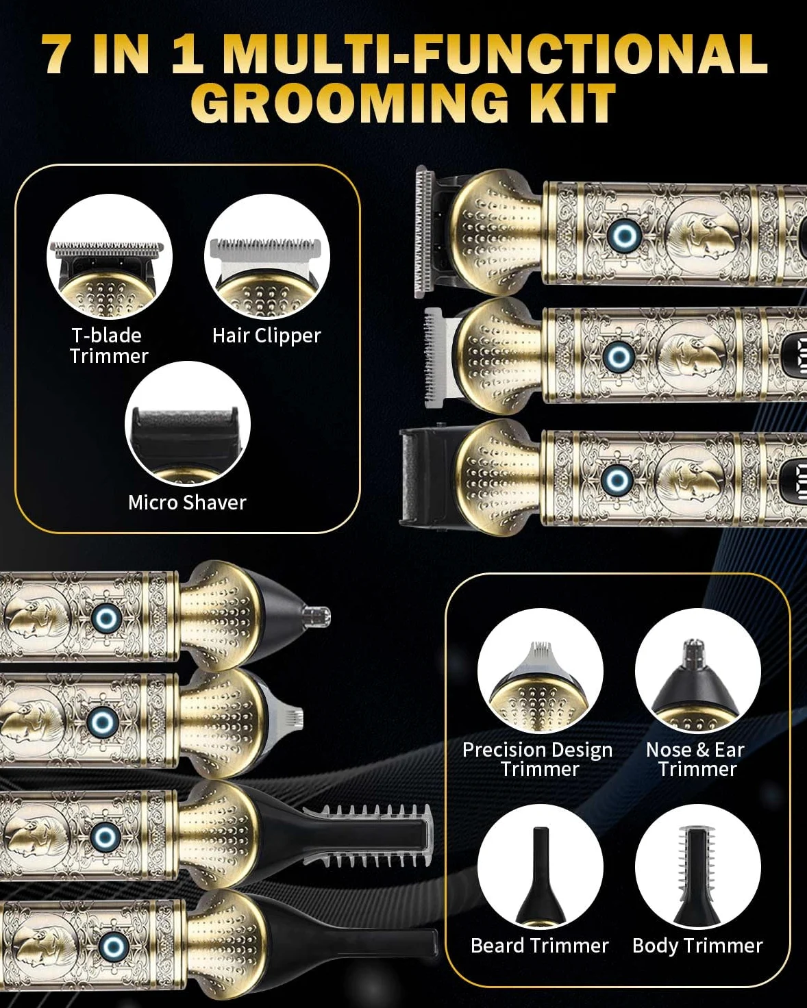 Kit 7 in 1 per barba da uomo, stile retrò, rasoi elettrici, rasoio da uomo, ricaricabile, senza fili, professionale, con display a LED, idea regalo