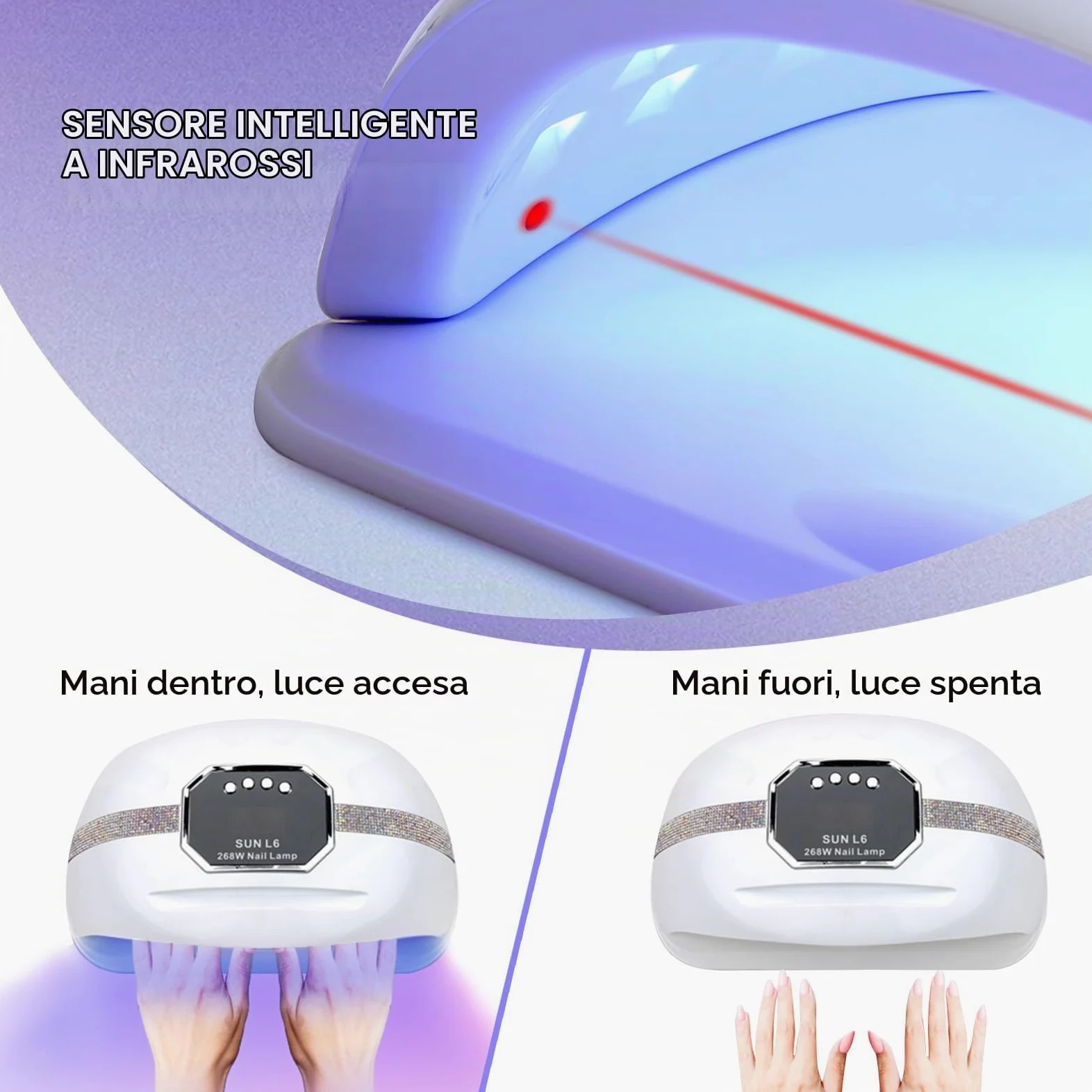 Lampada UV LED Unghie,268W Lampada per Unghie Con 4 Timer e Sensore Automatico,Professionale Fornetto Unghie con 45 LED,Lampada Asciuga Smalto Semipermanente Per Manicure/Pedicure