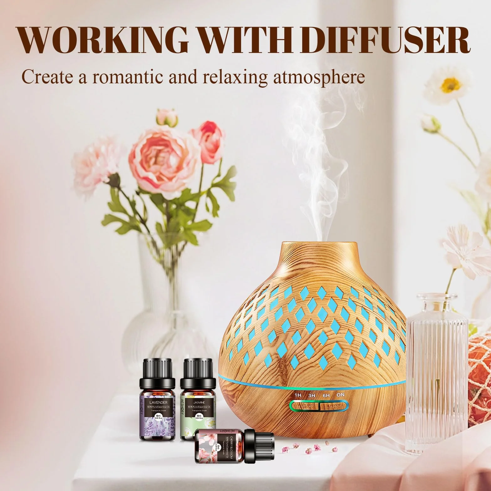 AESHORY Set Olio Essenziale 6 x 10ML Aromaterapia Naturale Lavanda Rosa Tè Bianco Fiori di Ciliegio Gelsomino Ylang Ylang