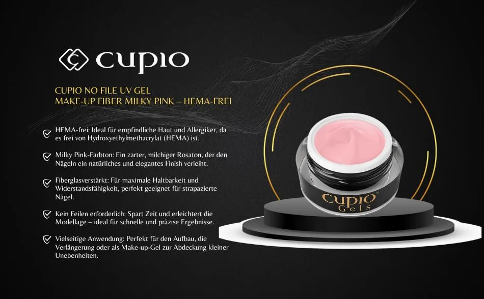 Cupio No File UV Gel Make-Up Fiber Milky Pink 30 ml – Gel costruttore rinforzato con fibra di vetro – Senza HEMA, resistente e flessibile – Gel make-up per allungamento unghie senza limatura