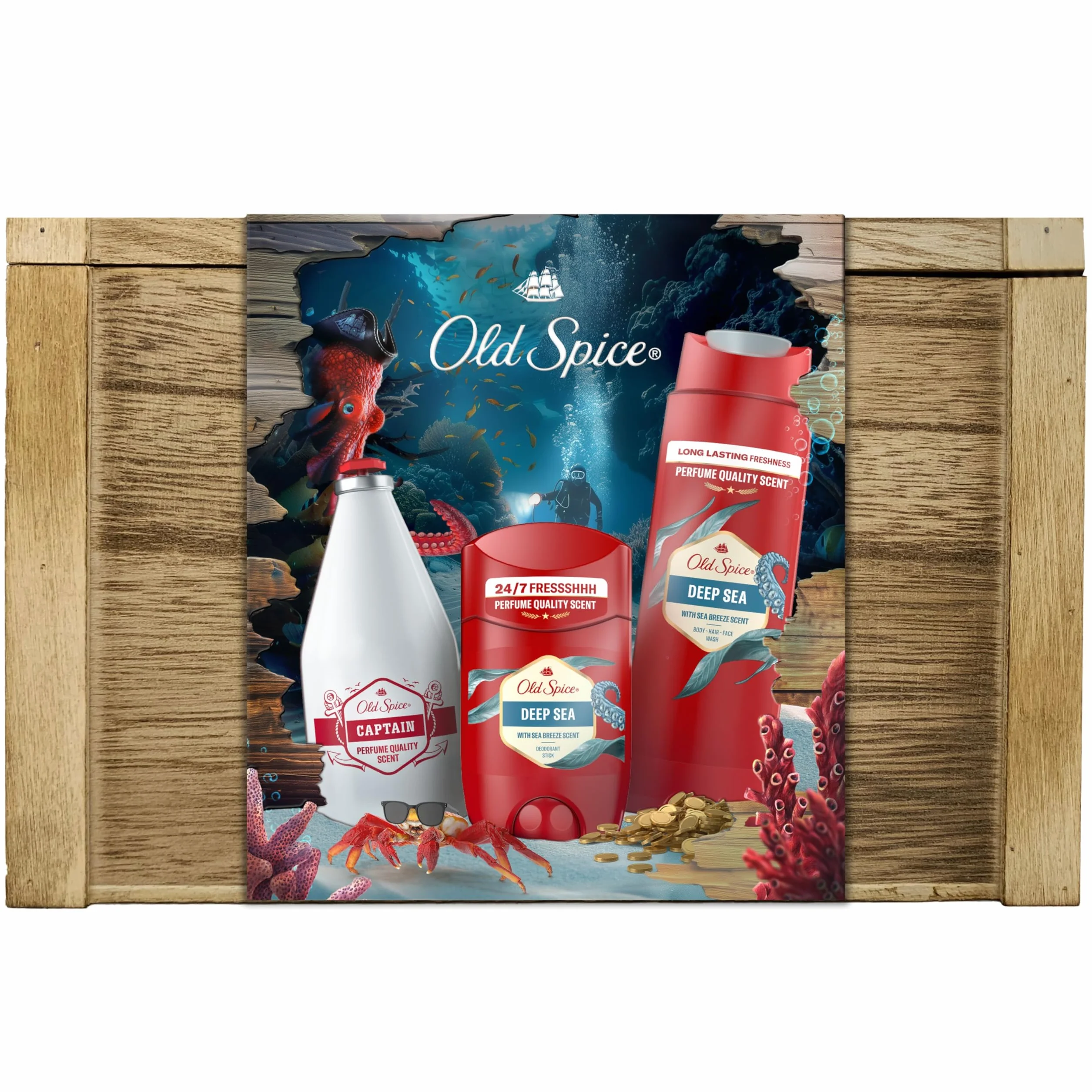 Old Spice Confezione regalo Treasure Chest, set regalo uomo, Deep Sea Deodorant Stick 50ml, deodorante spray 150ml, gel doccia 250ml e dopobarba Capitan 100ml