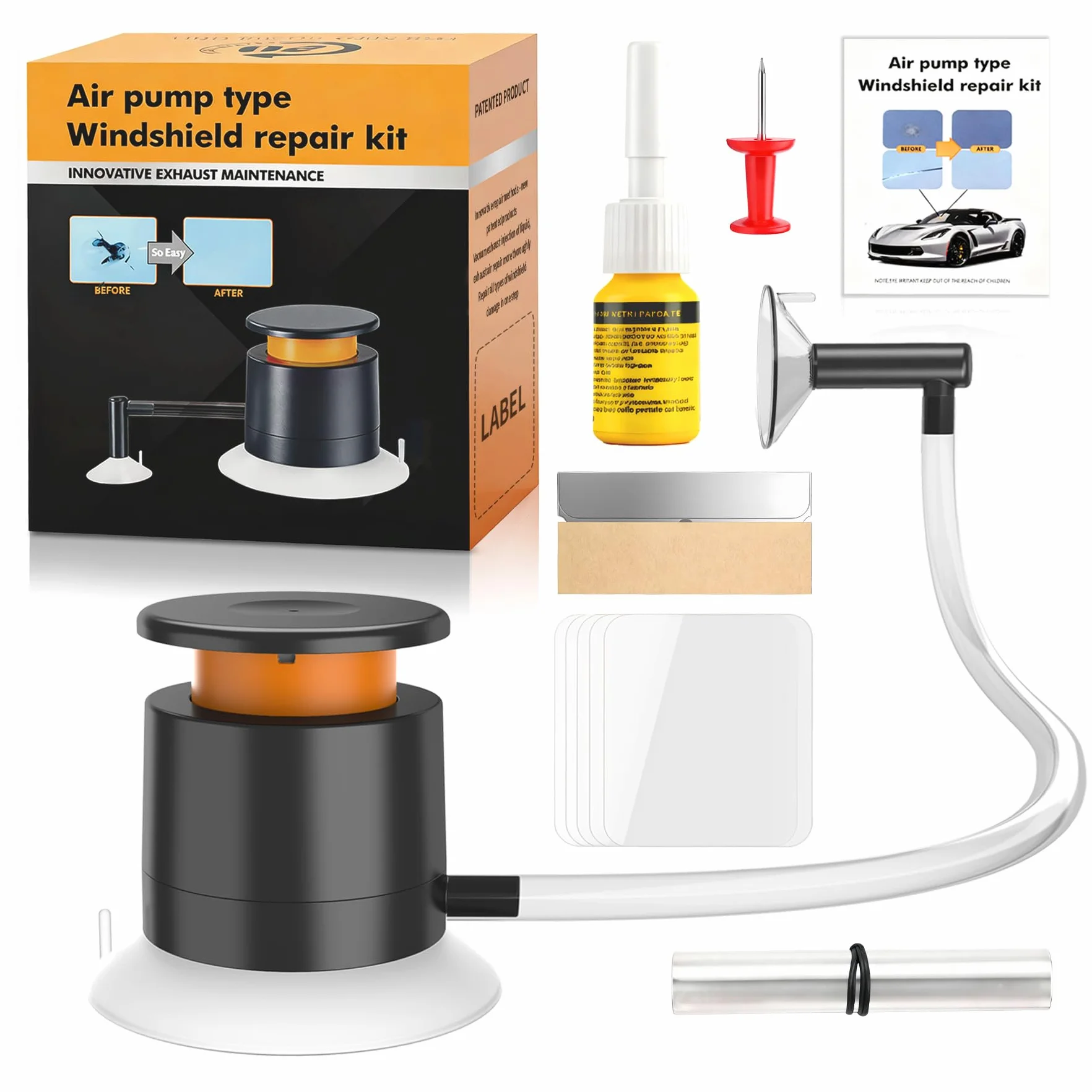 Kit Riparazione Parabrezza Universale con Pompa a Vuoto per Chip e Crepe