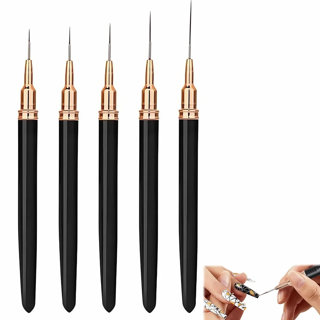5 Pezzi Pennelli Per Unghie,Pennello Sottile Nail Art Pennelli Set,Pennelli Per Nail Art,Per Disegnare Linee Fini Attrezzo(Nero,7/9/11/15/25 Mm)