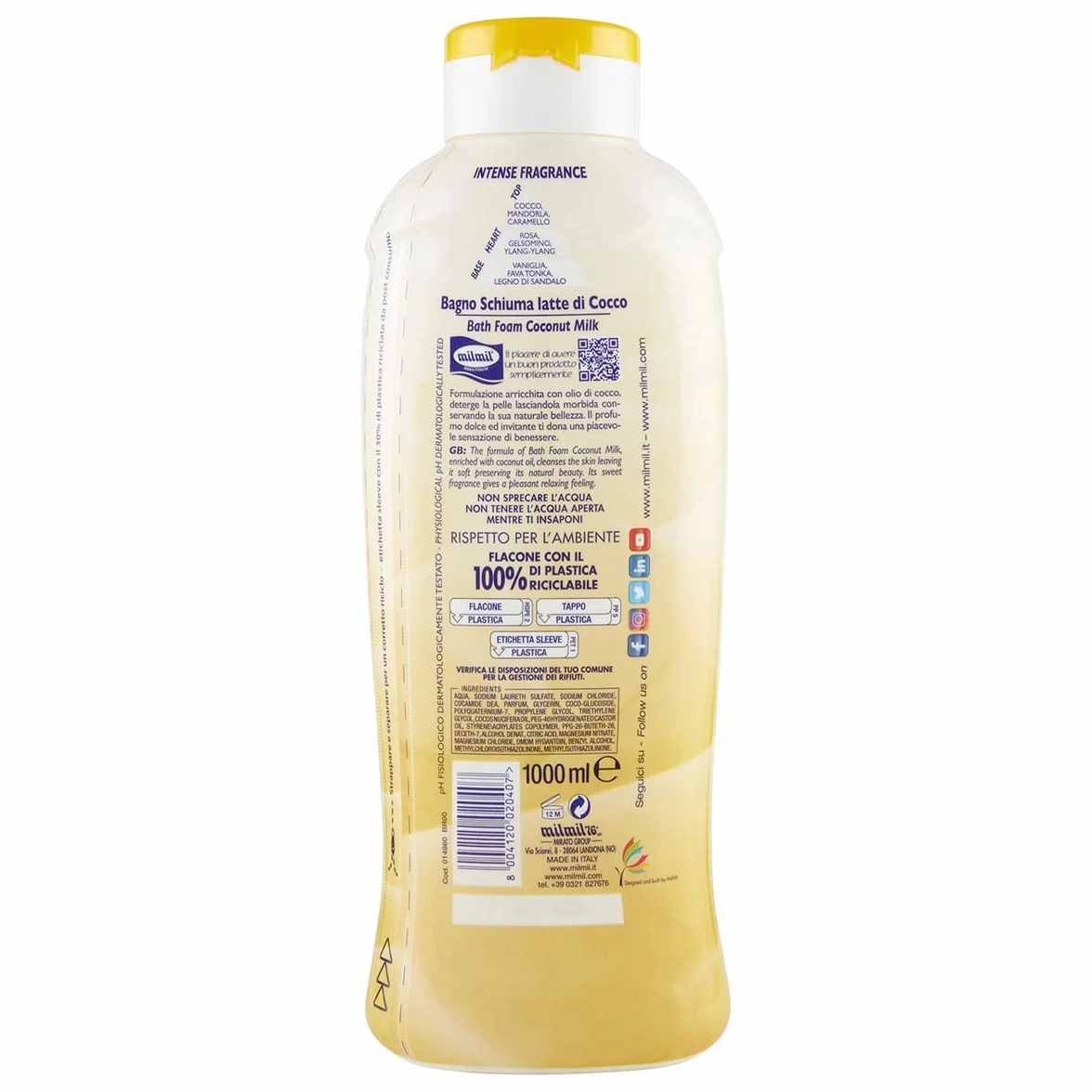 Milmil Bagno Schiuma, Fragranza Latte di Cocco, Dermatologicamente Testato PH Fisiologico - 6 x 1000 ML