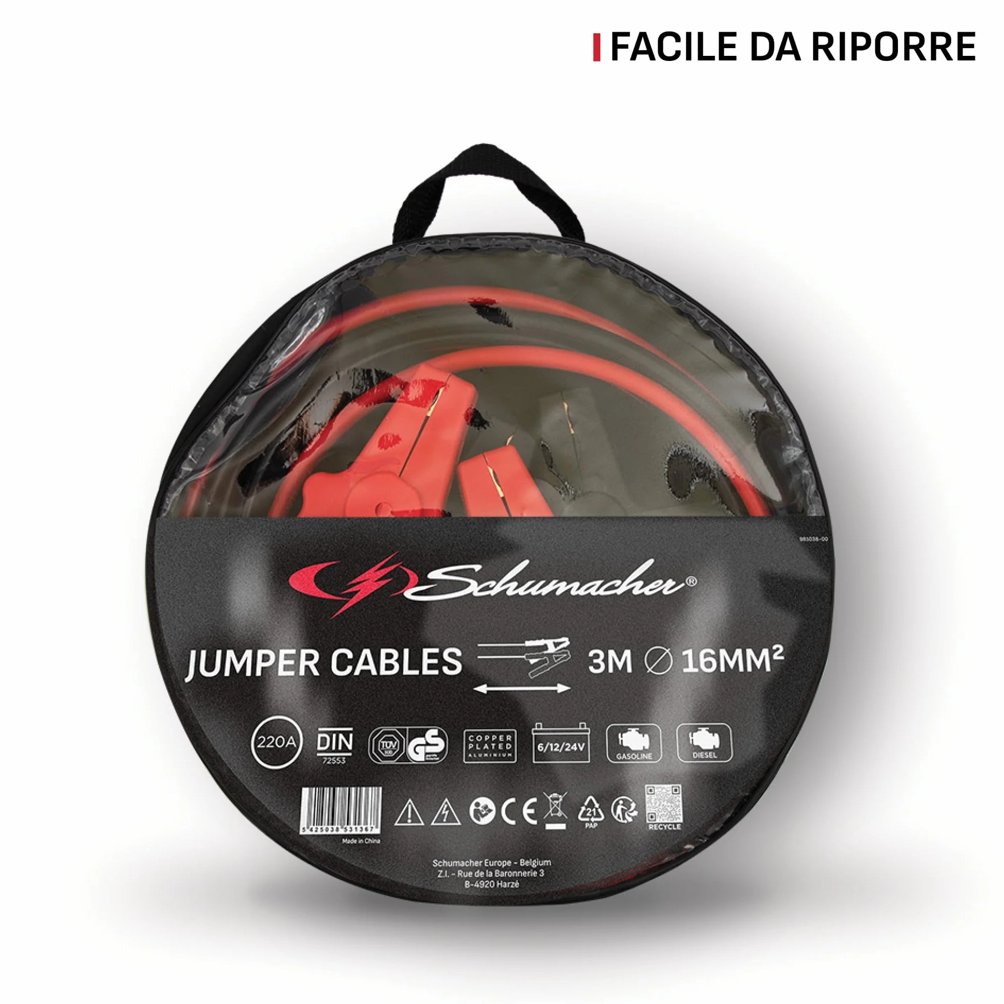 Schumacher Electric Cables de arranque 3m 16mm² Batería 6V/12V/24V Morsetti isolati GS/TÜV
