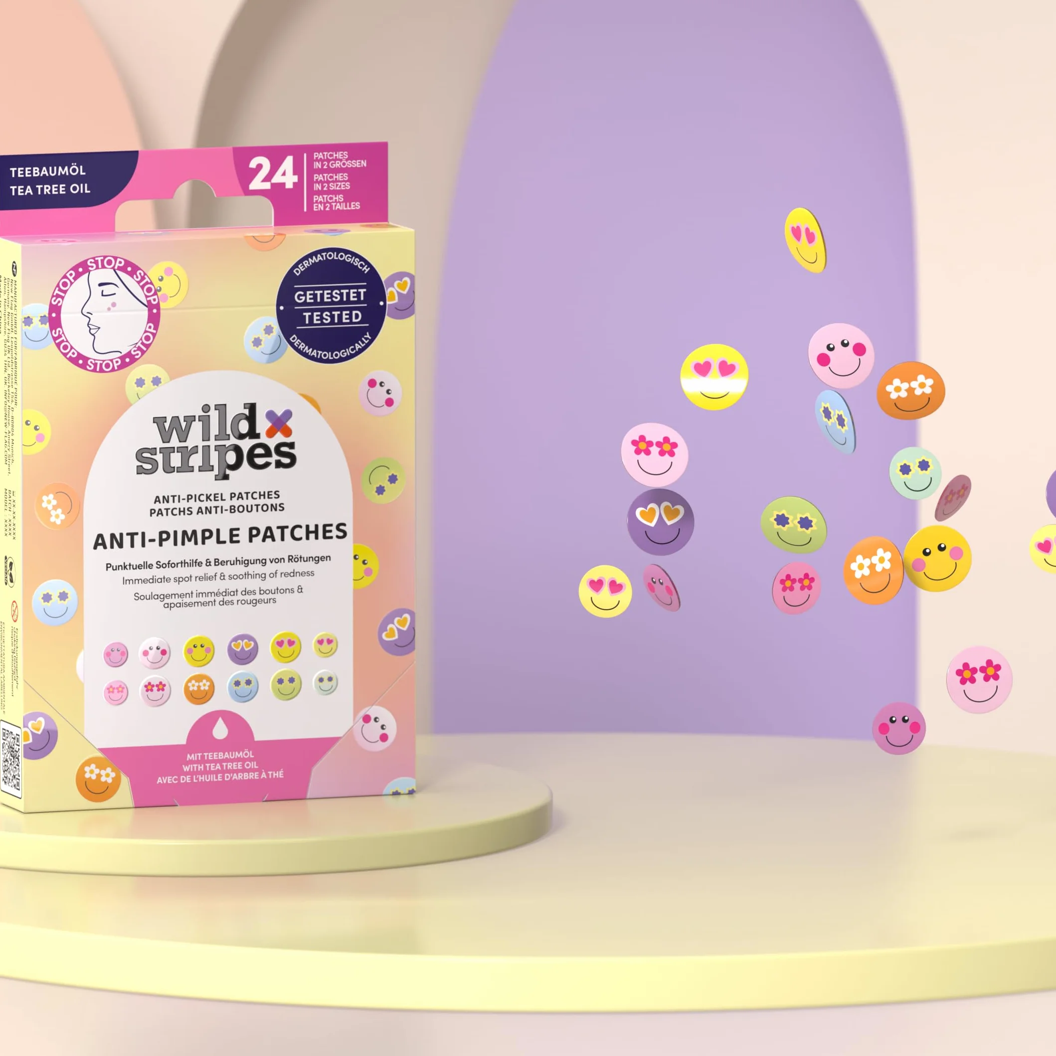 Wild Stripes - Anti-Pimple Patches Smile Stop - Cerotti brufoli colorati con olio di tea tree per cura rapida ed efficace - Anti brufoli e punti neri - Pelle impura - 24 pezzi