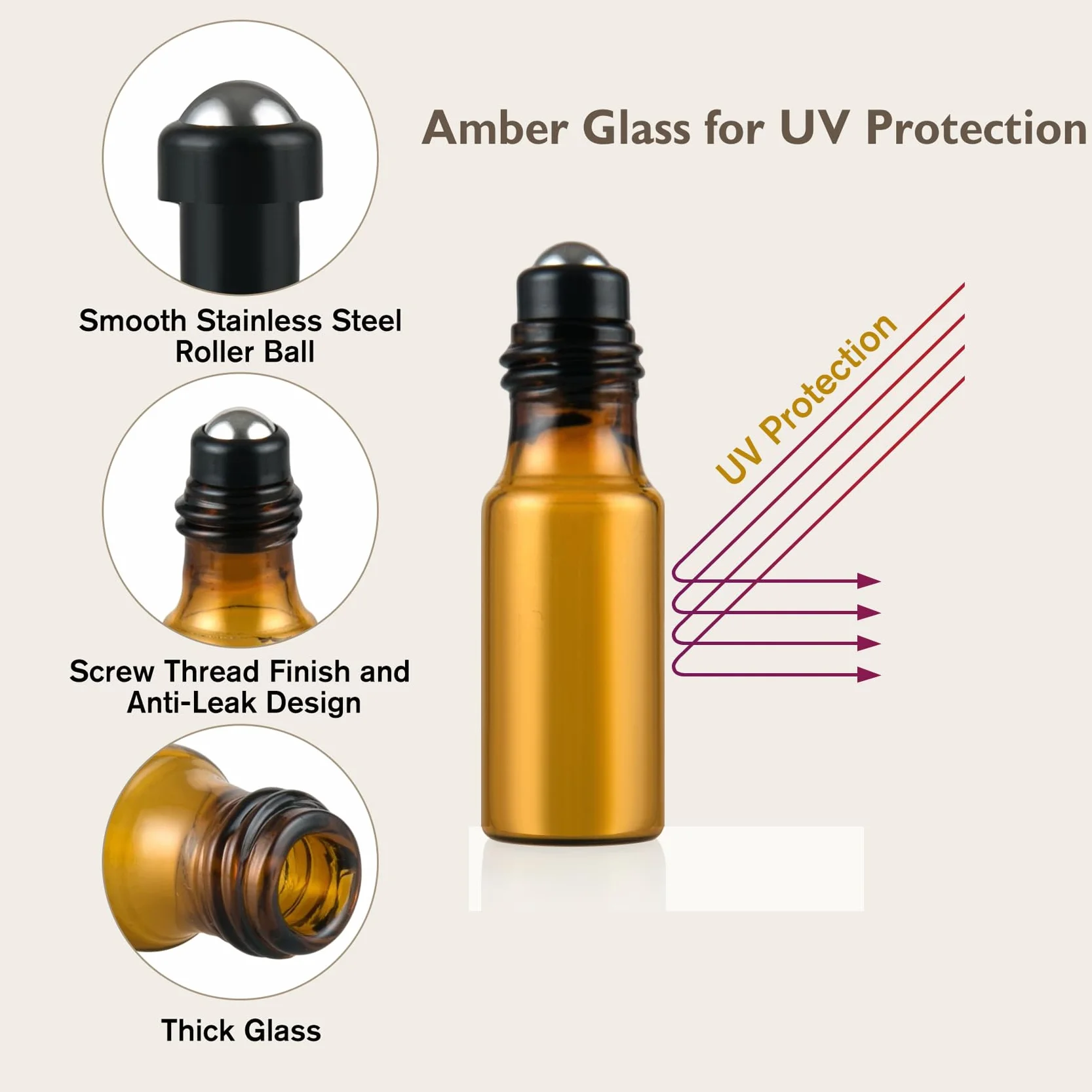 10 bottiglie di vetro Roll On per olio essenziale, 5 ml, mini bottiglie Amber Rollon, vuote con apertura, etichette e pipette, profumo, massaggi