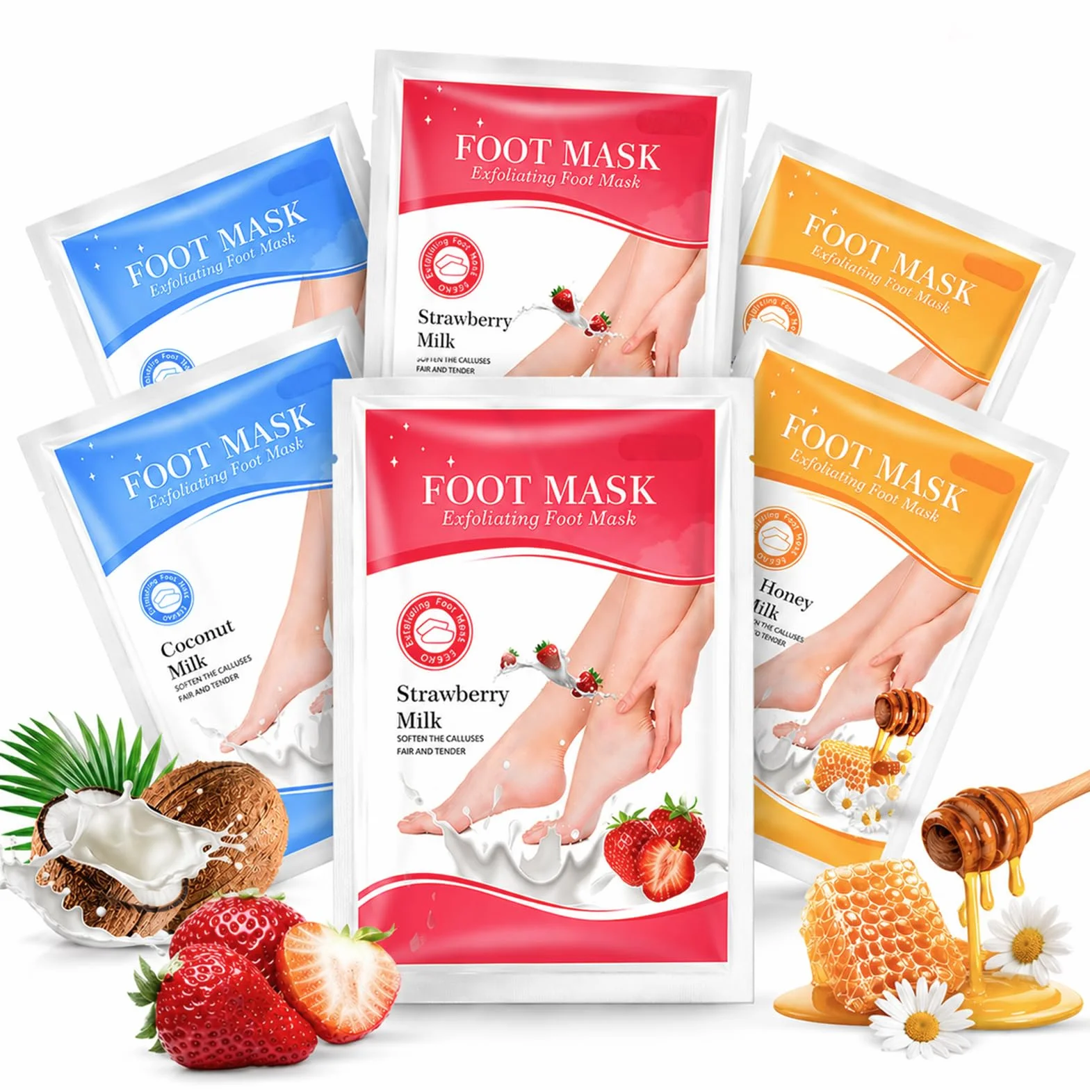 Maschera Piedi Esfoliante 6 Paia – Calzini Esfolianti Rimuovi Calli con 2x Cocco, Fragola e Miele – Trattamento Delicato per Talloni Secchi e Screpolati, Idratante, Spa a Casa Donna e Uomo