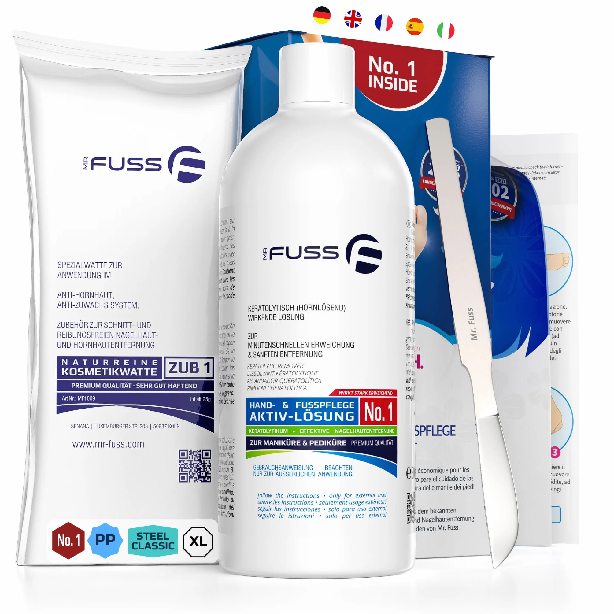 Mr. Fuss® No. 1 - Plus Pack Steel Classic per la cura dei piedi, per cuticole, confezione risparmio da 3 pezzi, soluzione attiva rapida e forte ammorbidente, standard, 200 ml, ovatta, raschietto per
