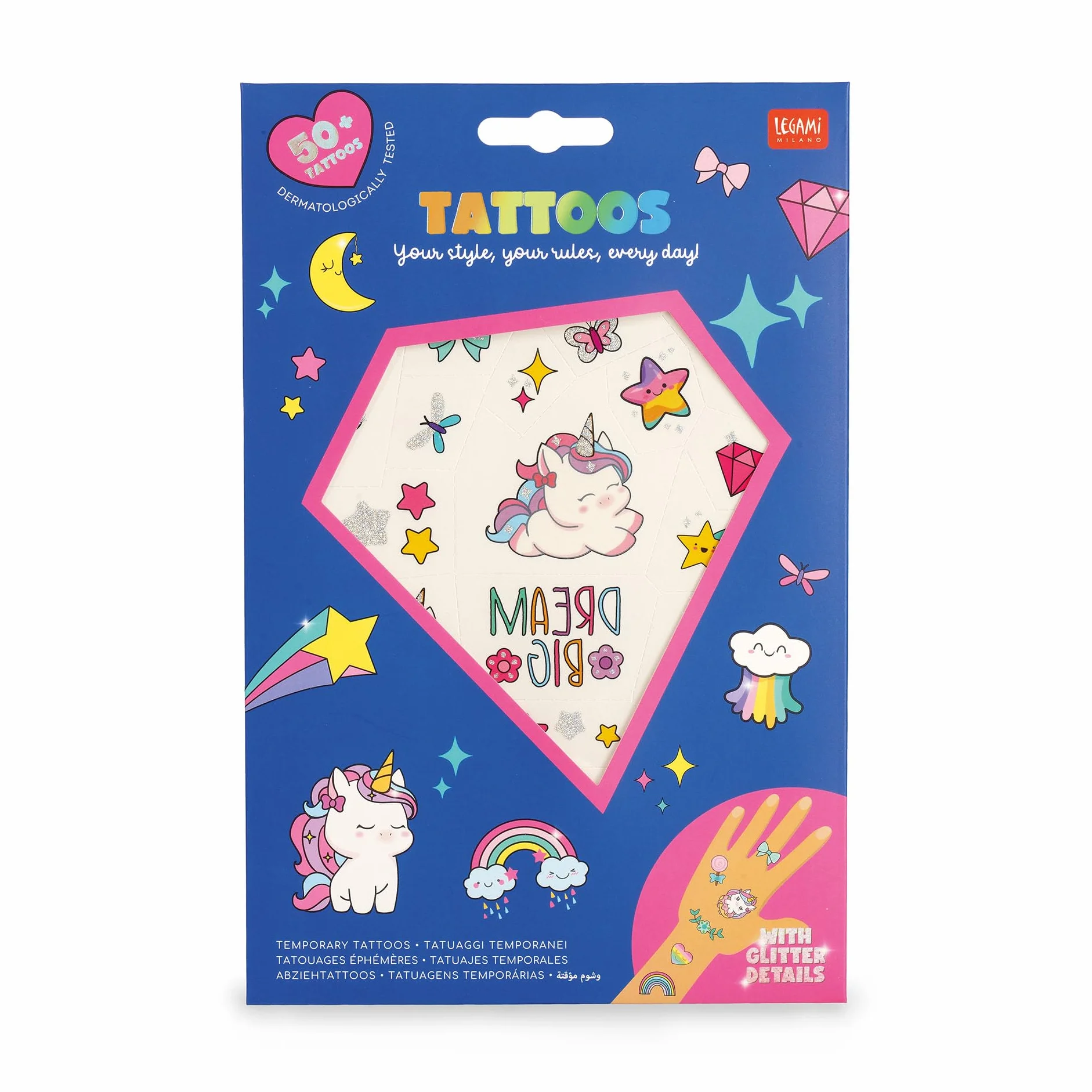 Legami - Tatuaggi Temporanei per Bambini, Tema Unicorn, Lavabili, Resistenti a Sudore e Acqua, con Dettagli Glitter, facili da Applicare, Delicati sulla Pelle, Dermatologicamente Testati