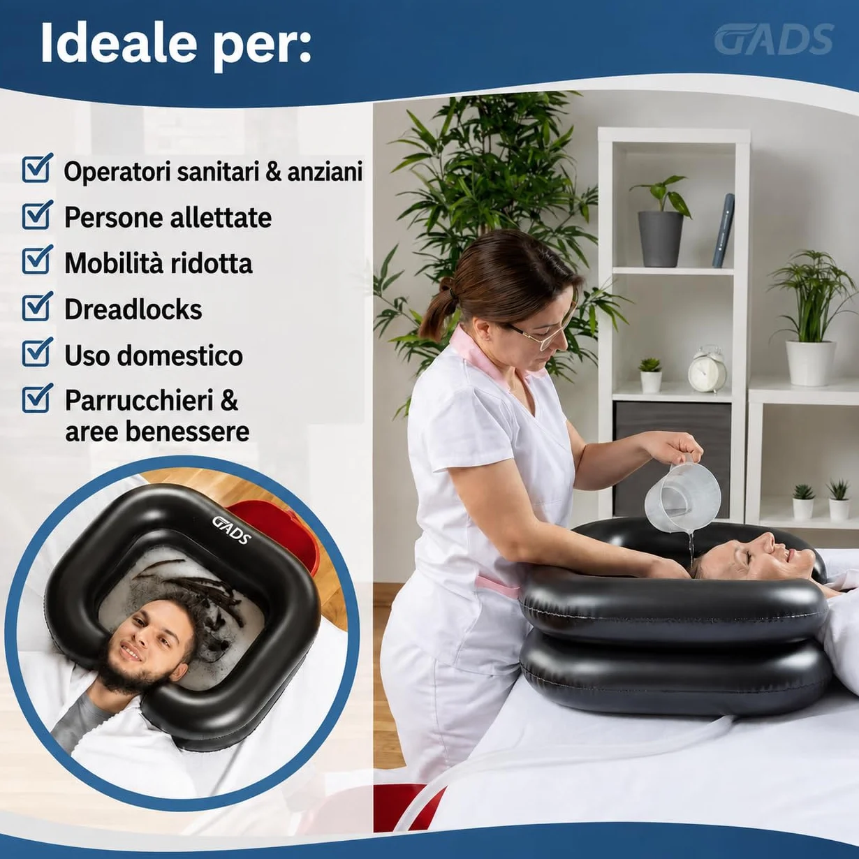 Lavatesta Gonfiabile Portatile – Per Lavaggio Capelli di Persone Allettate o Parrucchieri – Lavandino Nero