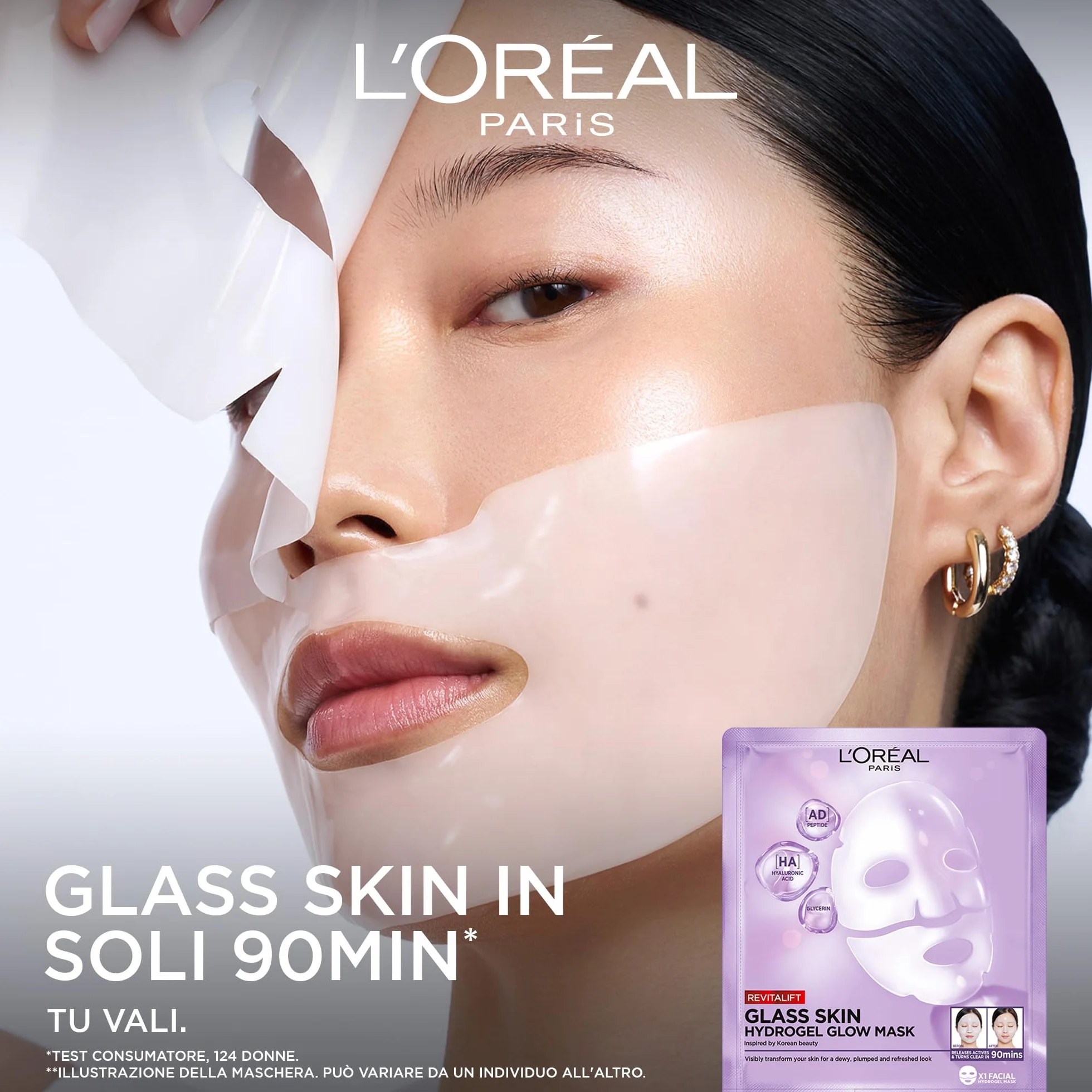 L'Oréal Paris Glass Skin Maschera in Idrogel, Per Tutti i Tipi di Pelle, Pelle Luminosa e Radiosa, Risultati Istantanei, Trend Coreana, Con Acido Ialuronico e Centella Asiatica, Revitalift, 1x37gr