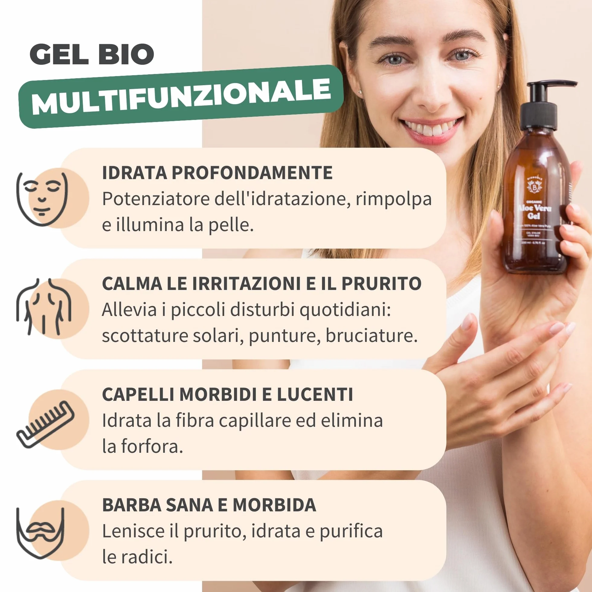 BIONOBLE Aloe Vera Gel Puro Biologico 97% con Olio Essenziale di Lavanda Idrata Lenisce 100ml Bottiglia Vetro Pompa