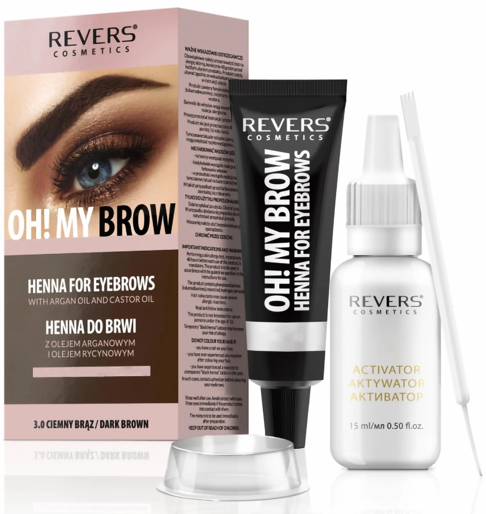 REVERS COSMETICS Tinta Sopracciglia con Olio di Argan e Olio di RIcino (Omega 6, Carotene, Vitamins A, E, F,) Risultato Naturale, Dura Fino a 4 Settimane, 15+ Applicazioni (Castano Scuro)