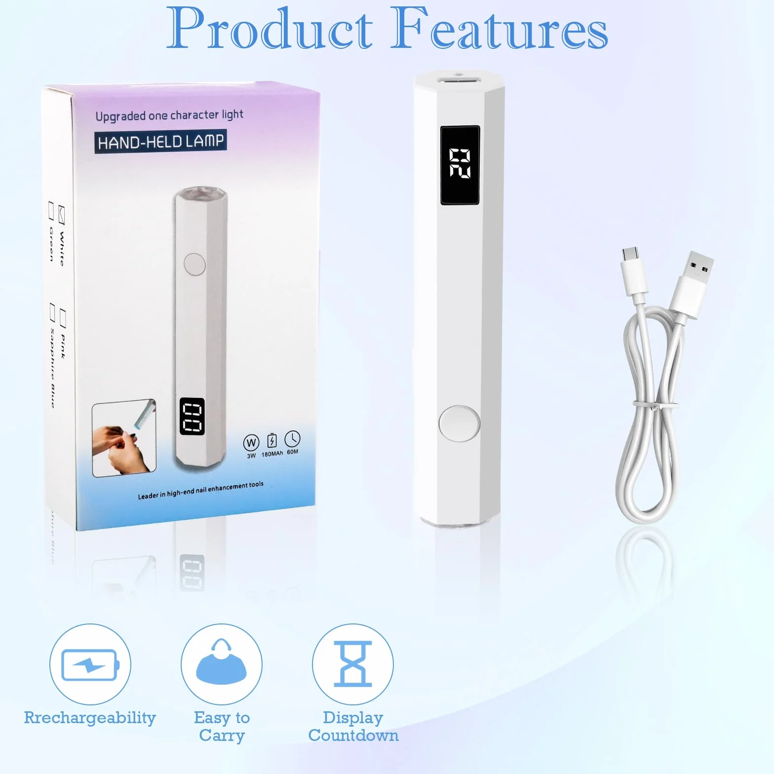 MXTIMWAN Lampada per unghie, UV portatile et ricaricabile, luce a mano per unghie in gel, con 2 timer 20/60S, per manicure, in resina di estensione del gel fai da te nail art bianco