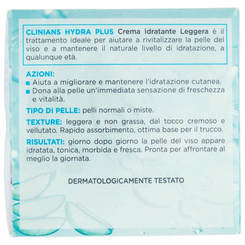 CLINIANS | Hydra Plus Crema Viso Idratante Leggera, Dermatologicamente Testato, Made in Italy, 50 ml
