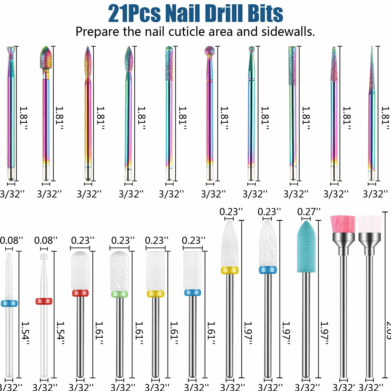 Set di 21 punte per trapano unghie, lima elettrica per cuticole diamantate 3/32 pollici, kit frese unghie in ceramica, strumenti nail art
