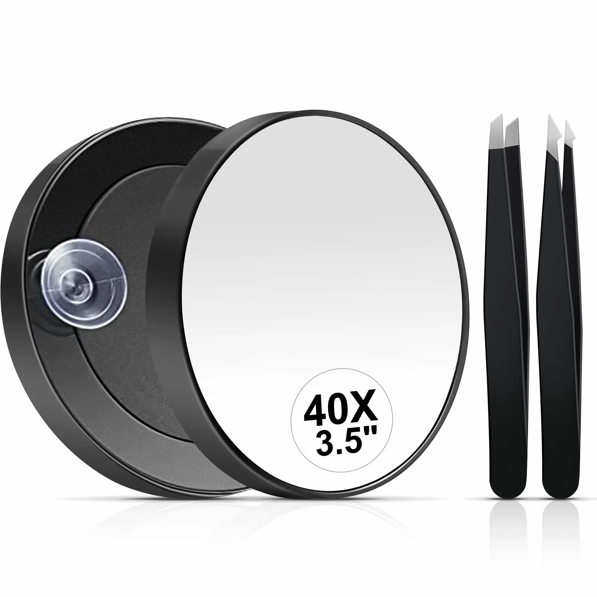 MIYADIVA Specchio ingrandimento 40x rotondo 8,9 cm ventosa pinzette acciaio inox trucco barba viaggio