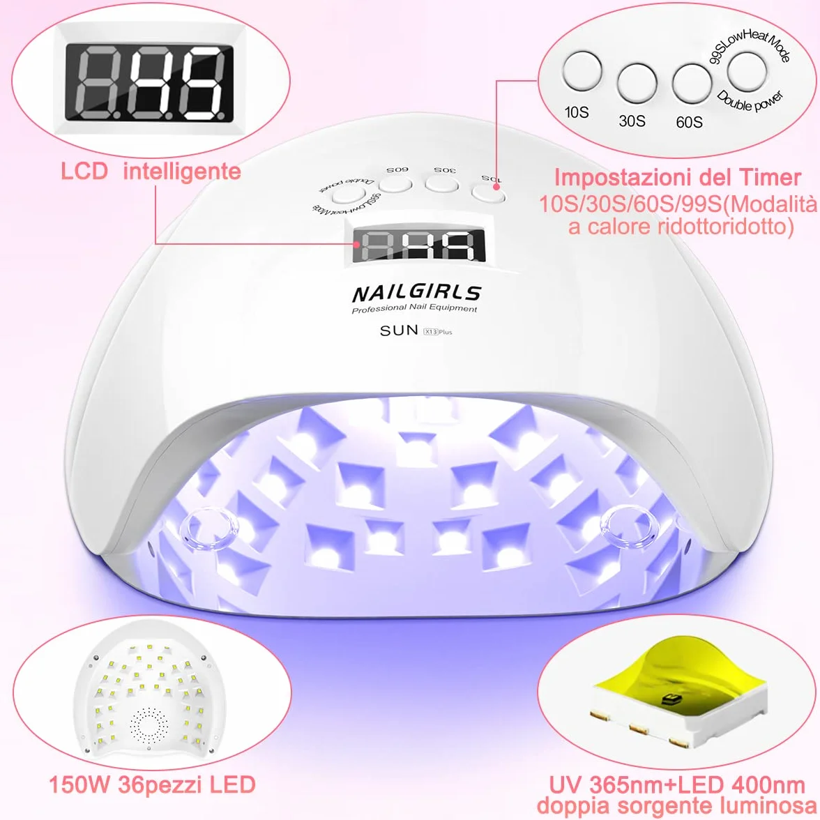 NAILGIRLS Lampada UV per Unghie 150W Portatile Asciuga Smalto LED 4 Modalità Timer Display LCD