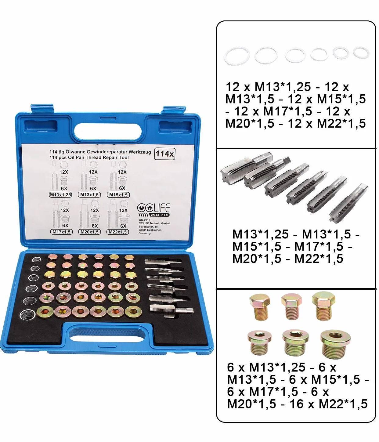 CCLIFE 114 Pezzi Kit Riparazione Filettatura Auto M13-M22 Coppa Olio