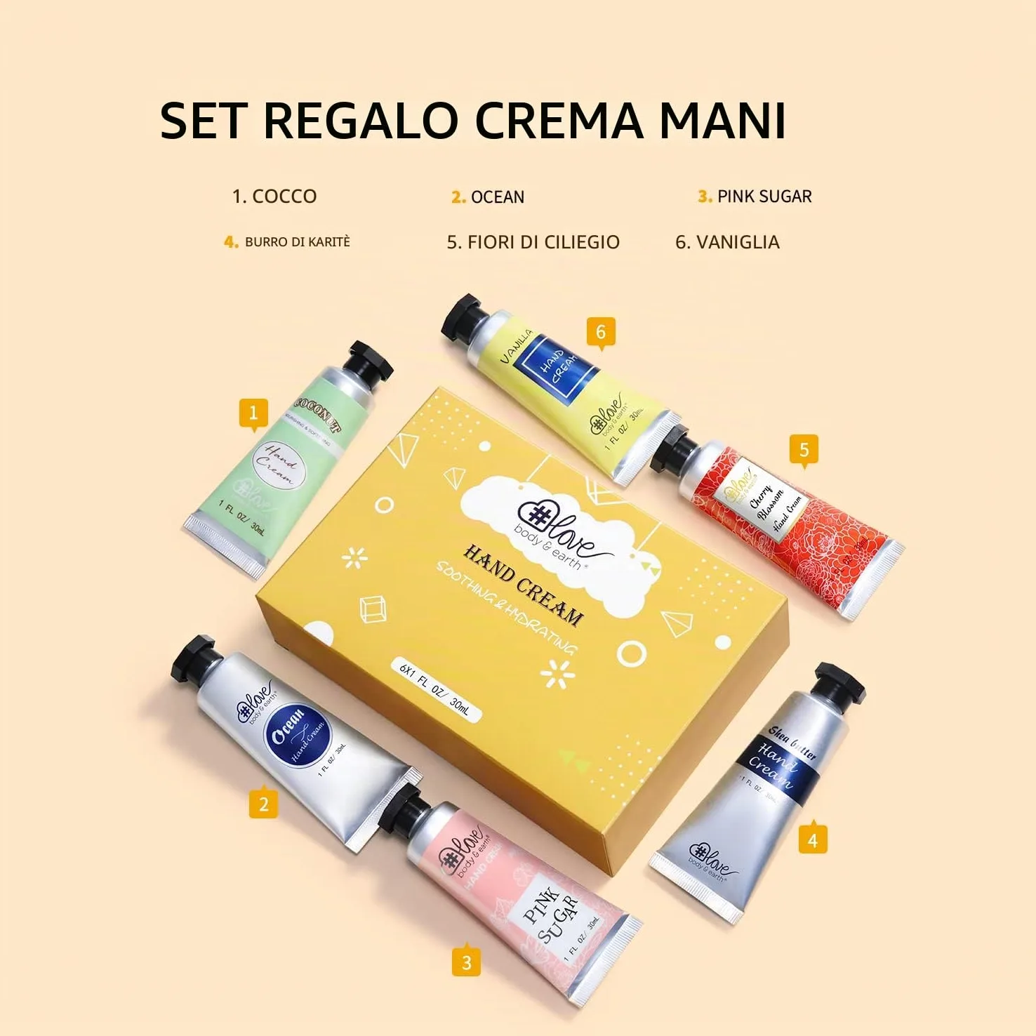 Crema Mani al Burro di Karitè per Donna，Confezione 6 PCS x 30 ml, Creme Mani Set di Riparazione Avanzata per Pelle Secca e Ruvide, 6 Profumi Naturali, Idee Regali Natale Compleanno per Ragazza e Mamma