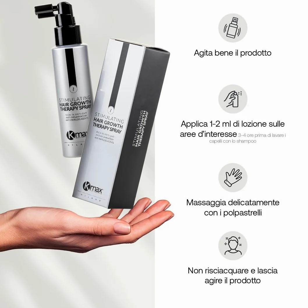 Kmax Stimulating Hair Growth Therapy Spray - Ricrescita Uomo e Donna con Azione Anti DHT, Lozione Anticaduta Capelli - Formato da 100 ml