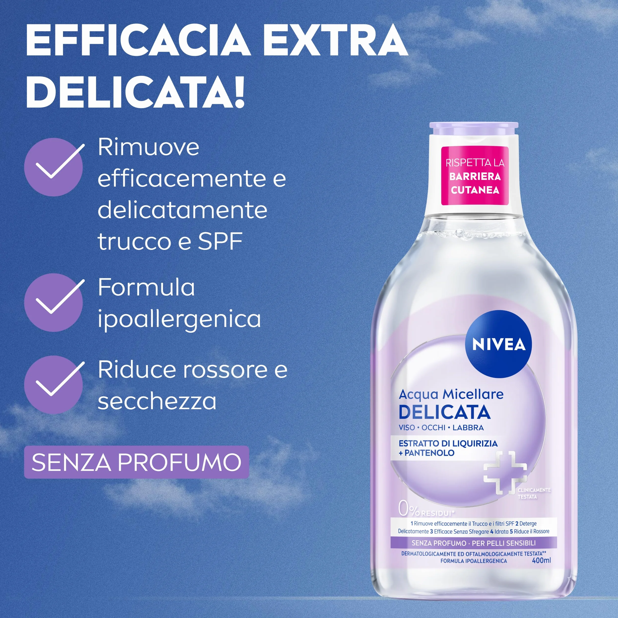 NIVEA Acqua Micellare Delicata 400 ml, Struccante viso occhi labbra, Detergente pelle sensibile