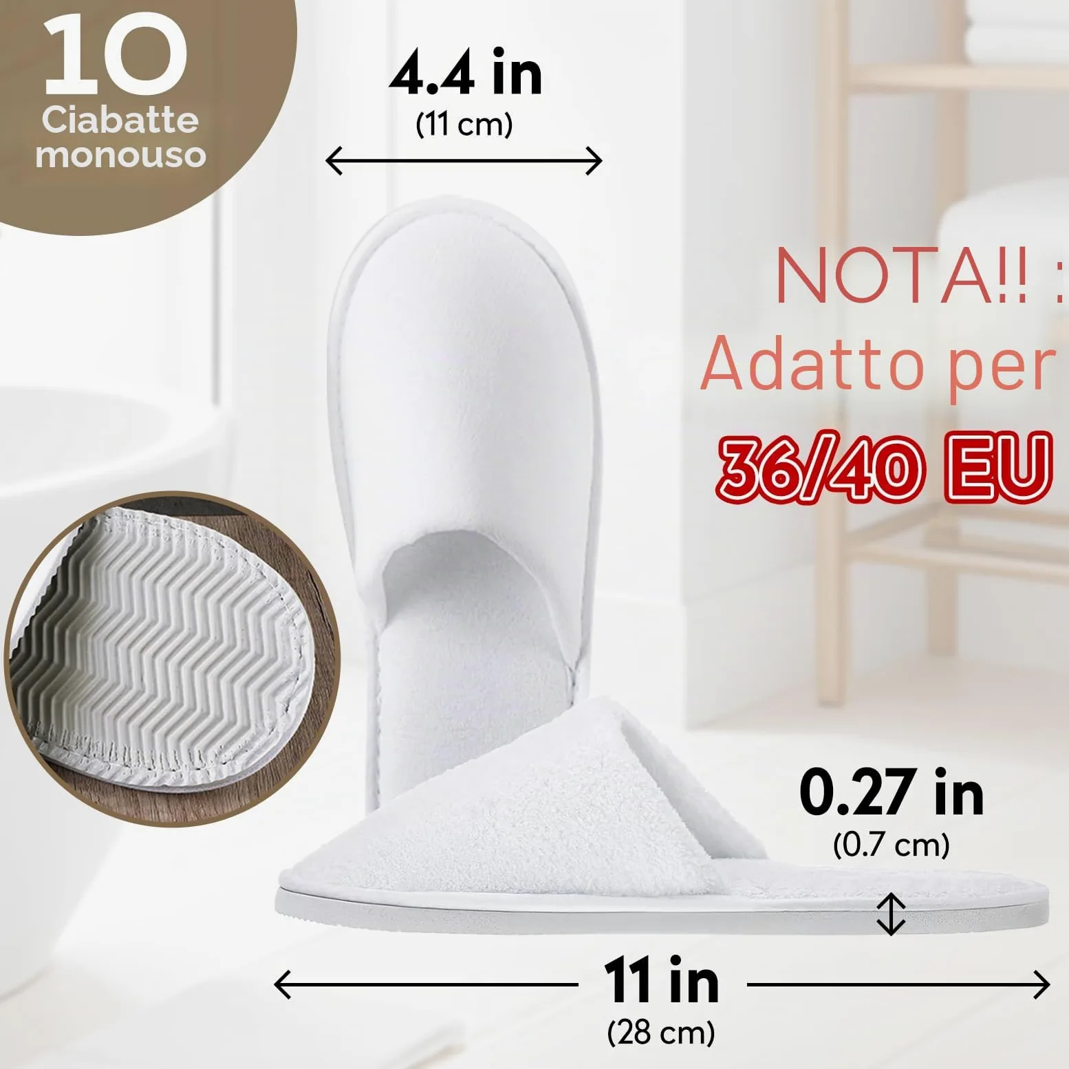 10 paia di slippers per Hotel Bianca Donna Uomo, Pantofole Antiscivolo Monouso, Pantofole Ospite, Punta chiusa, Ciabatte Unisex in Spa e Ospiti