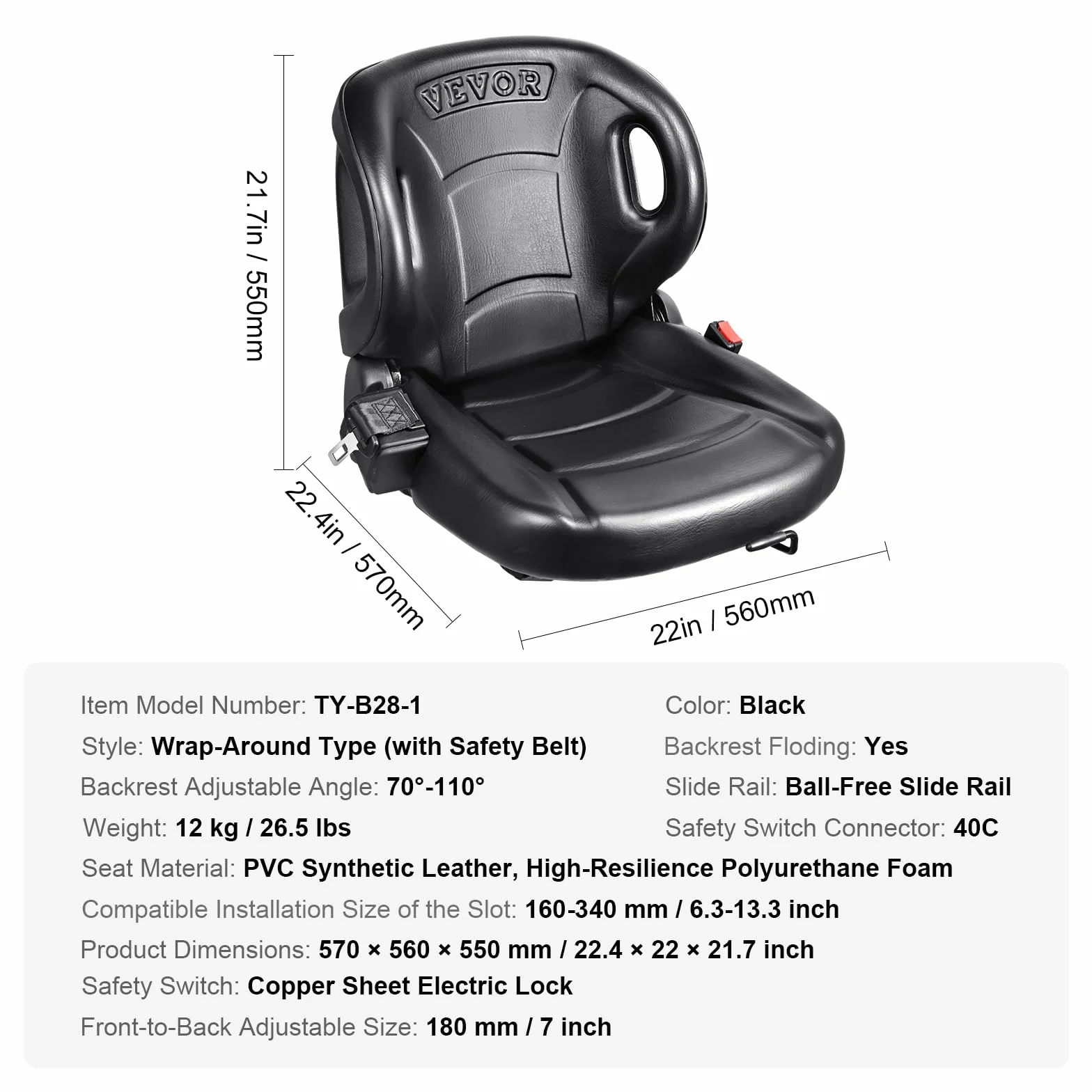 VEVOR Sedile Universale per Carrello Elevatore Coprisedile con Schienale Regolabile 160-340mm