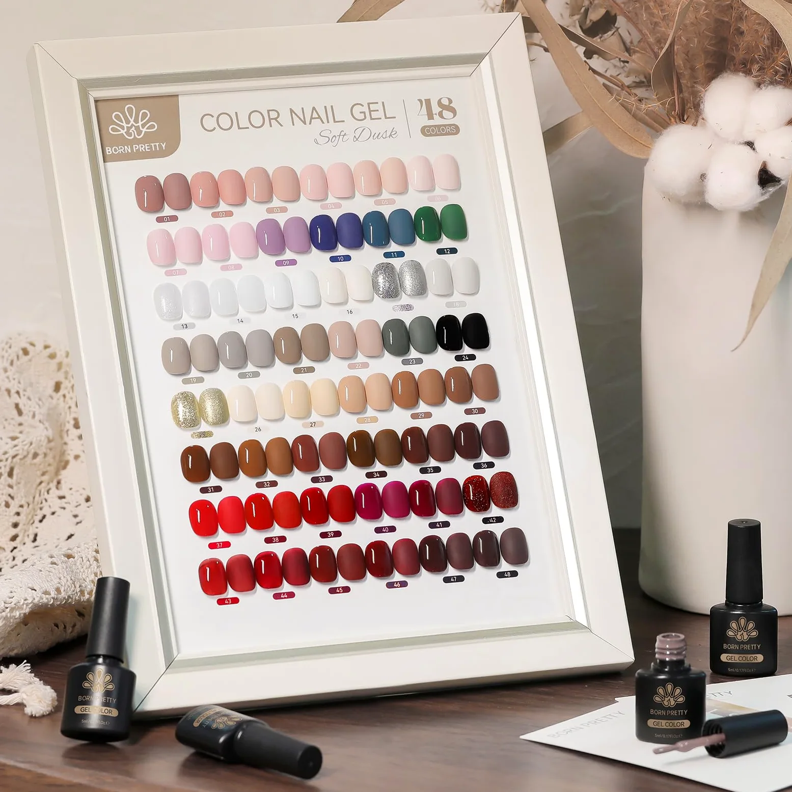 Born Pretty Set di smalti UV in gel, 52 pezzi, colore nude, rosa, rosso glitterato | Unghie in gel con base, top coat e top coat opaco, soak-off, mini UV LED, regalo
