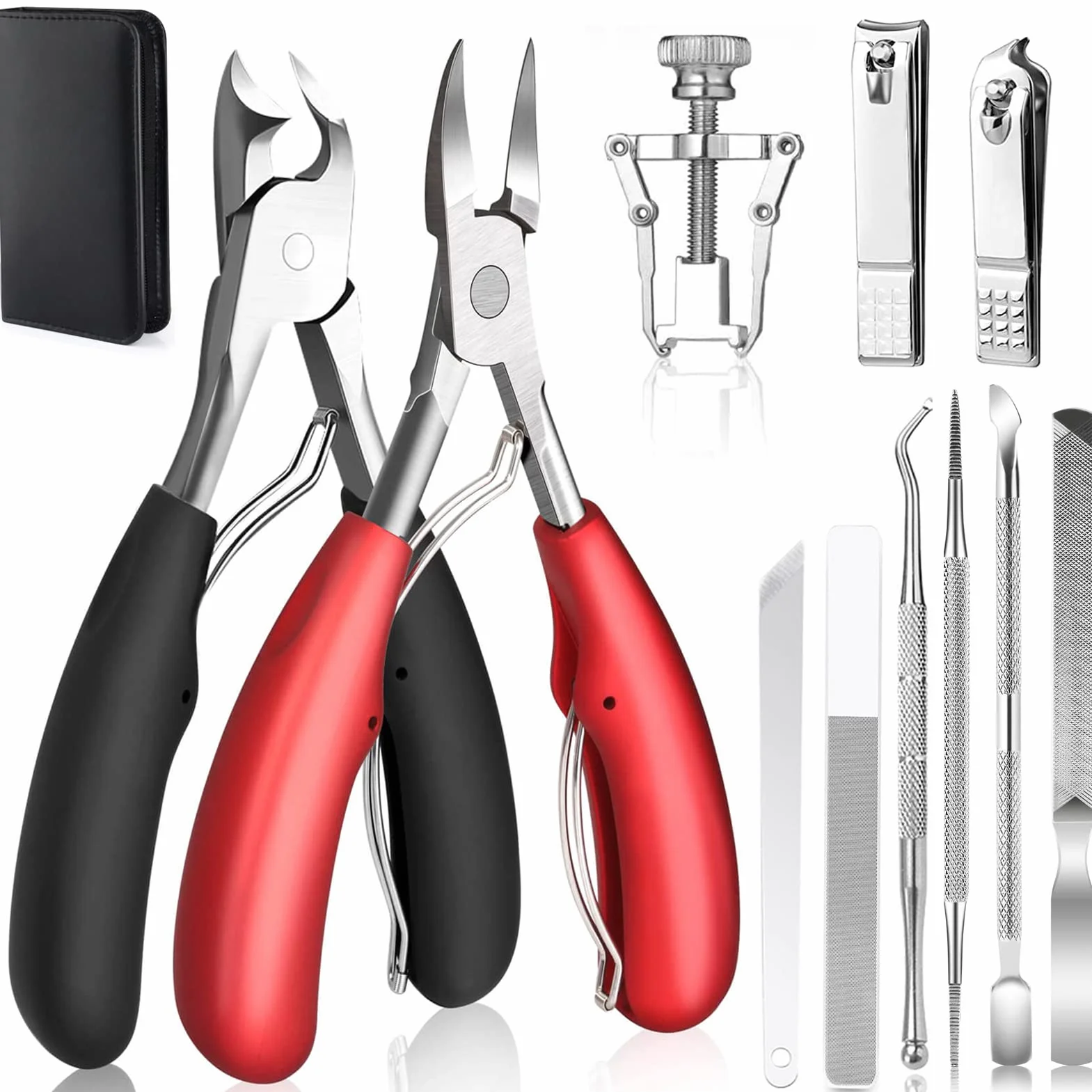 Tronchesino per Unghie Piedi Set Tagliaunghie Professionale Acciaio Inox 12 Pezzi Nero Rosso
