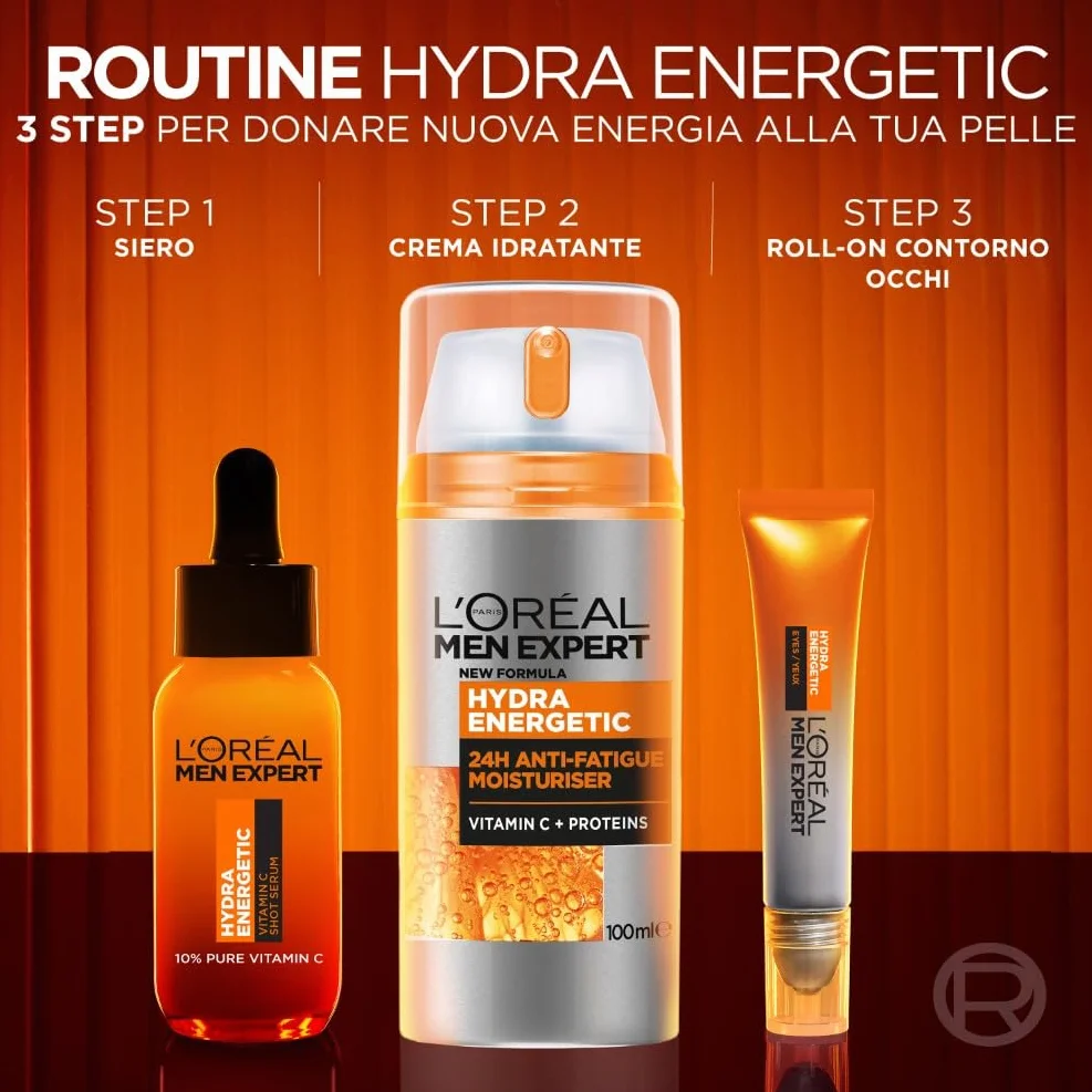 L'Oréal Paris Men Expert Crema Idratante Anti-Fatica Uomo, Pelle Rivitalizzata, Levigata e Idratata, Occhiaie e Rughe Sottili Ridotte, Arricchita con Proteine e Vitamina C, Hydra Energetic, 100 ml