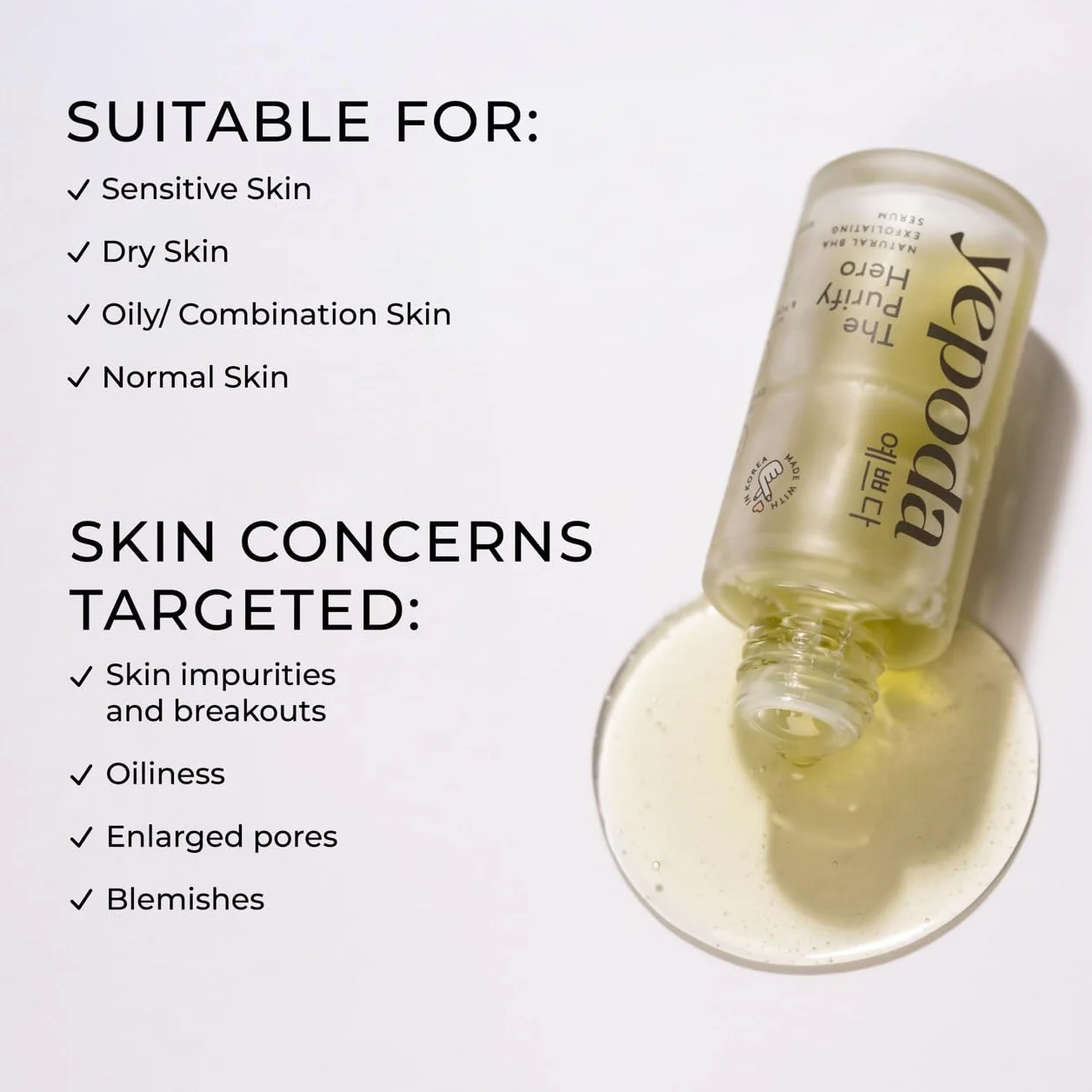 Yepoda The Purify Hero, siero esfoliante coreano con BHA naturale, minimizza i pori, favorisce il rinnovamento cellulare, vegano e adatto a tutti i tipi di pelle, 30 ml