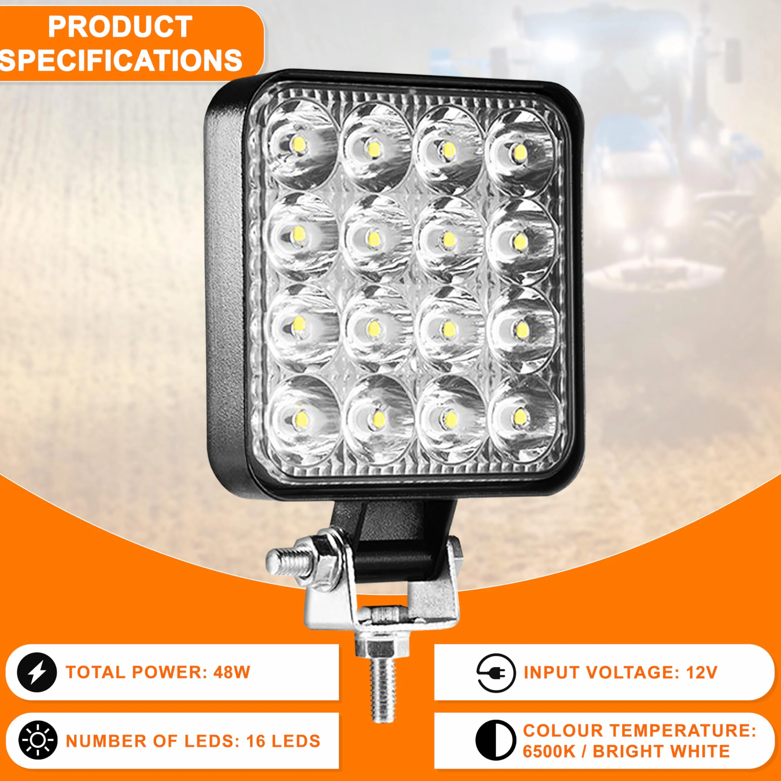 Fari Led Trattore 12V 24V Alluminio ABS 48W 16 LED 6500K 10.5 cm